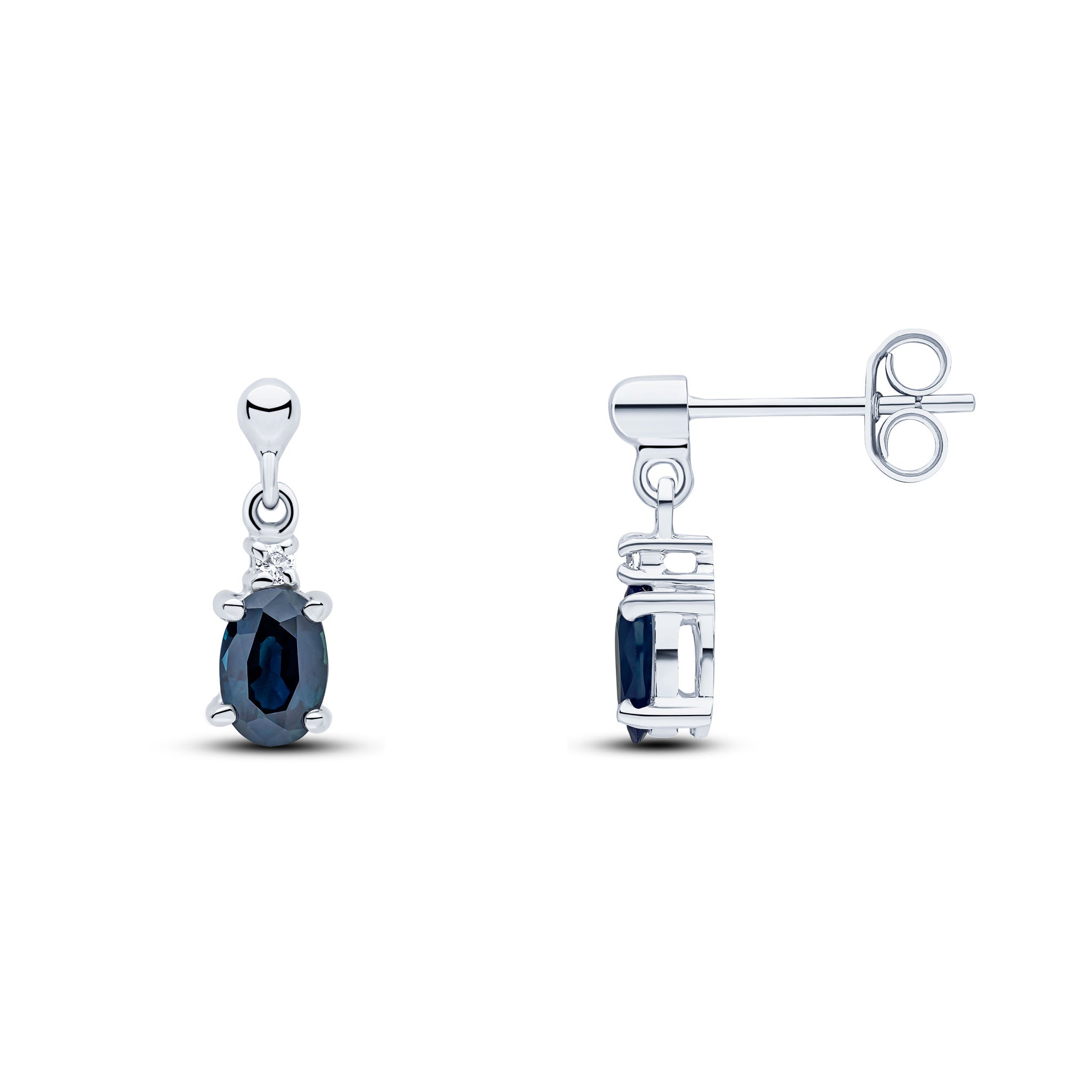 9ct White Gold Oval Sapphire & Diamond Claw Set 2 Stone Drop Earrings with Bead Stud Top