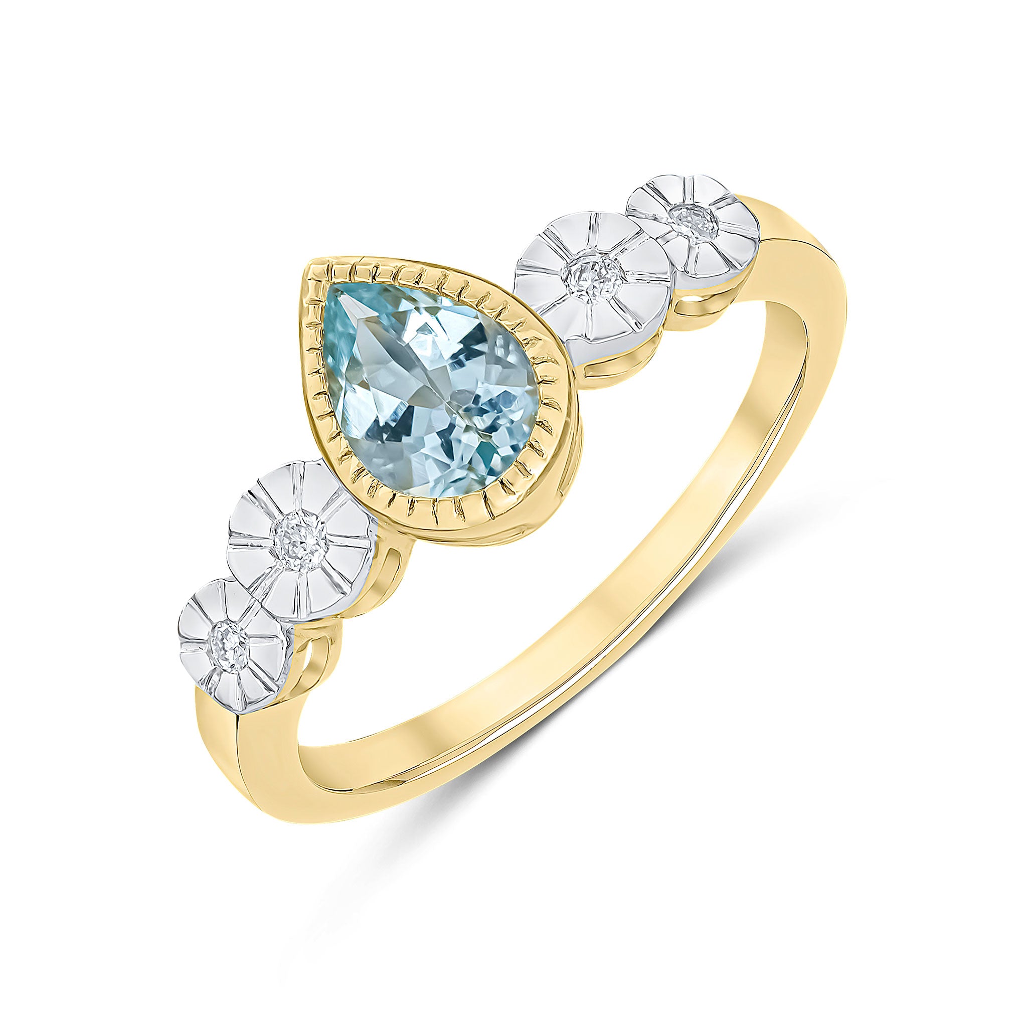 9ct Yellow Gold Milgrain Pear Shape Aquamarine and Illusion Diamond 4 Stone Shoulders Ring Rhodium to Diamonds