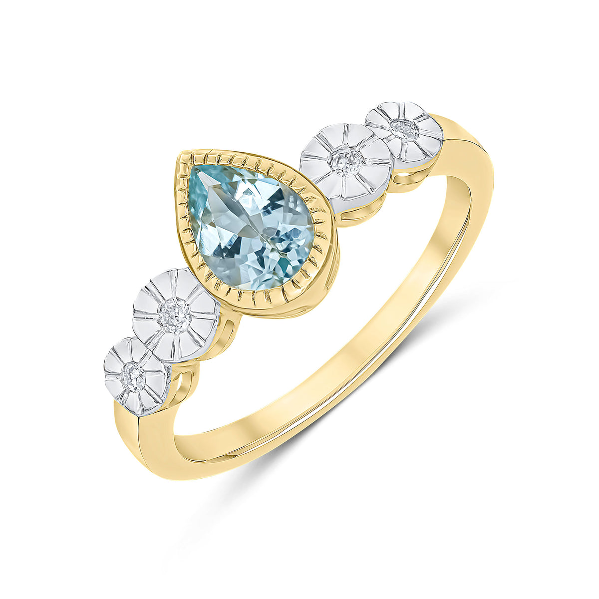 9ct Yellow Gold Milgrain Pear Shape Aquamarine and Illusion Diamond 4 Stone Shoulders Ring Rhodium to Diamonds