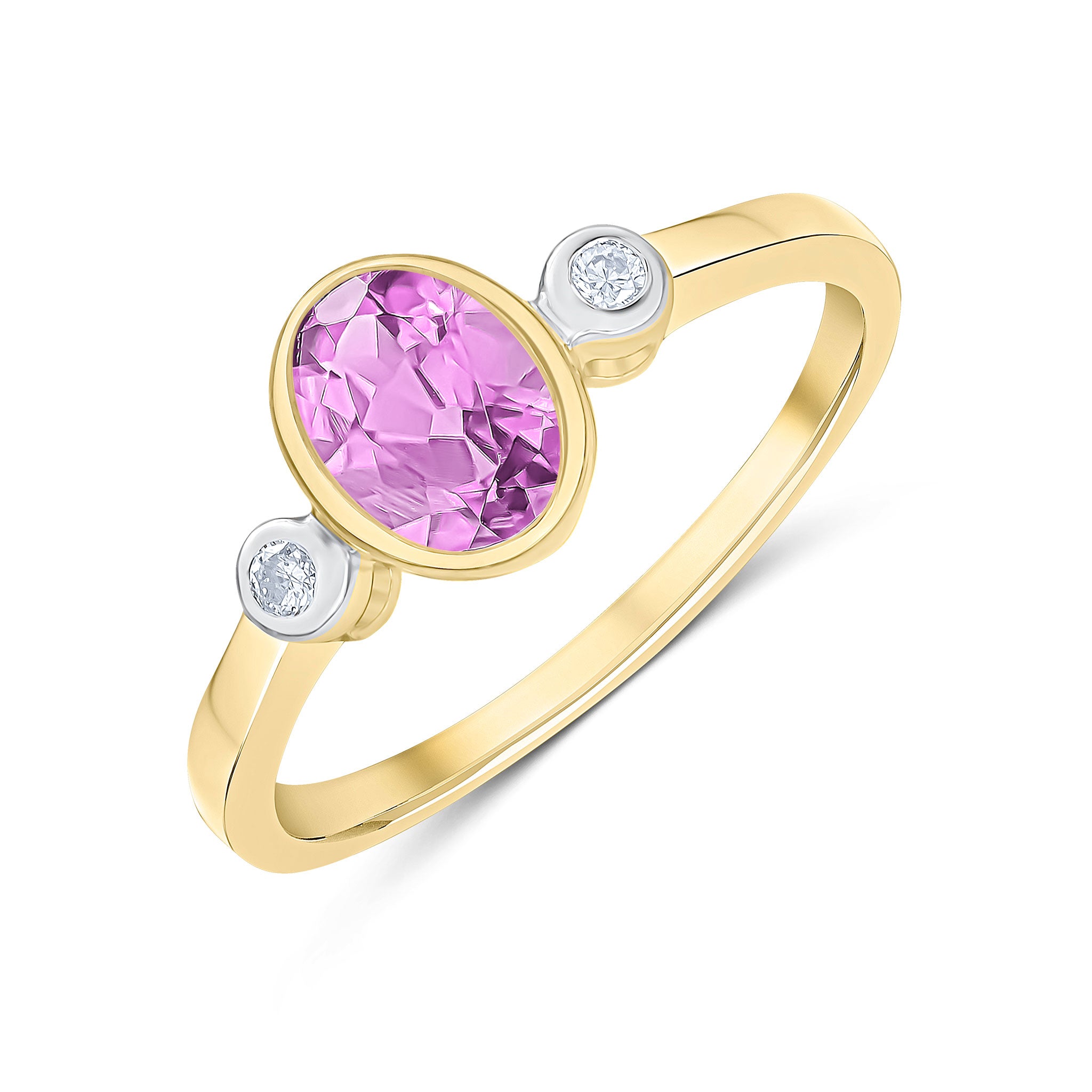 9ct Yellow Gold 7x5 Oval Pink Sapphire and Round Diamond 3 Stone Rubover Ring Rhodium to Diamonds Stone Shortage So Can't Order