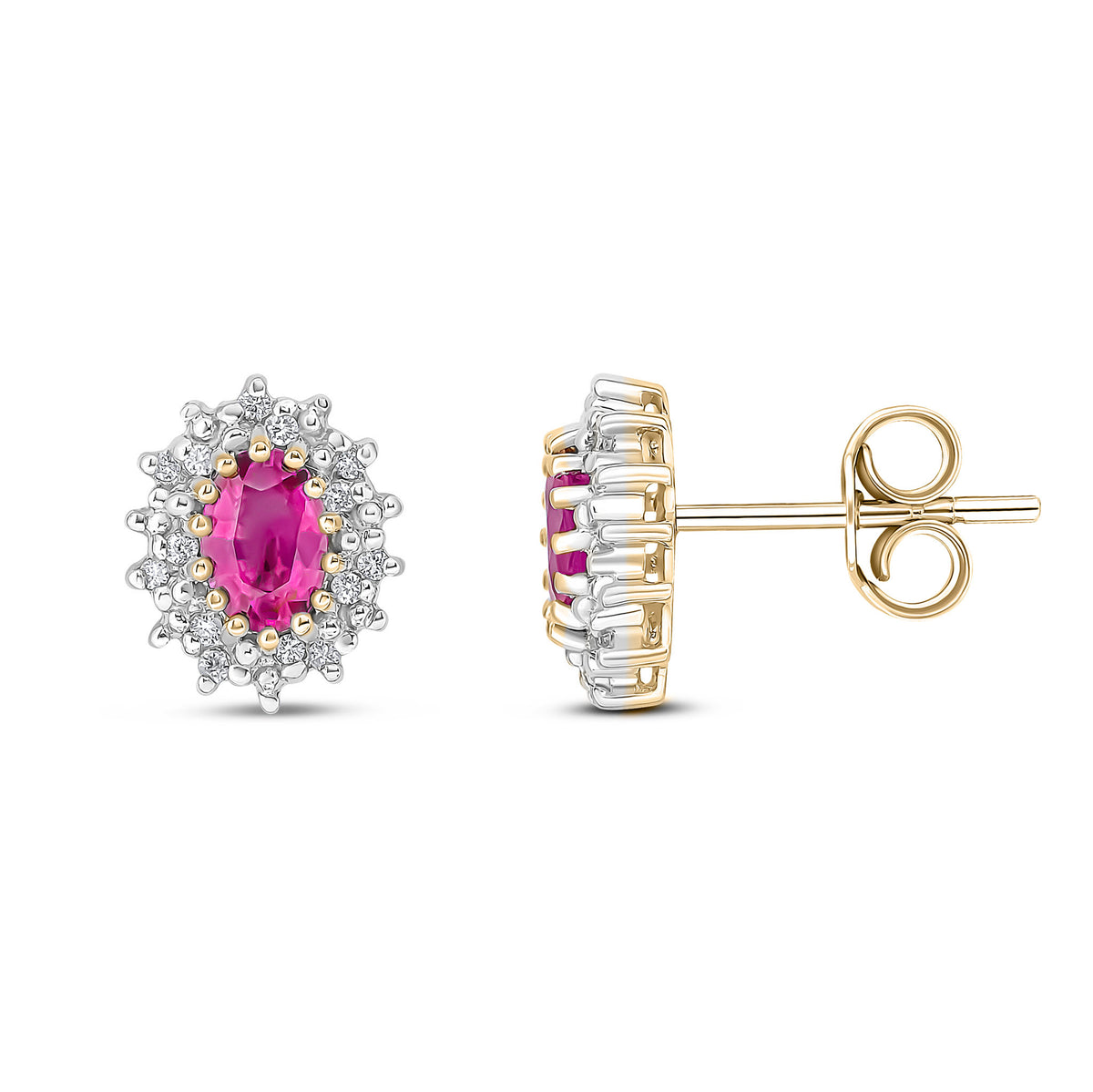 9ct Yellow Gold 6x4 Oval Ruby and Diamond Claw Cluster Earrings Rhodium to Diamonds