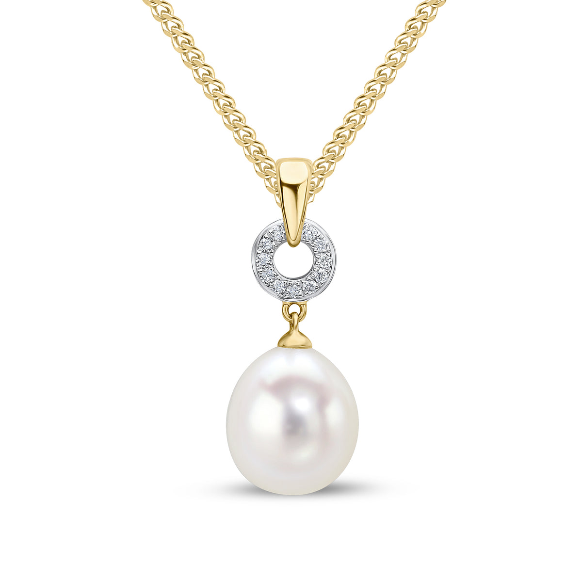 18ct Yellow Gold Cfw Pearl & Diamond Circle Pendant with Plain Loop Top Rhodium to Diamonds