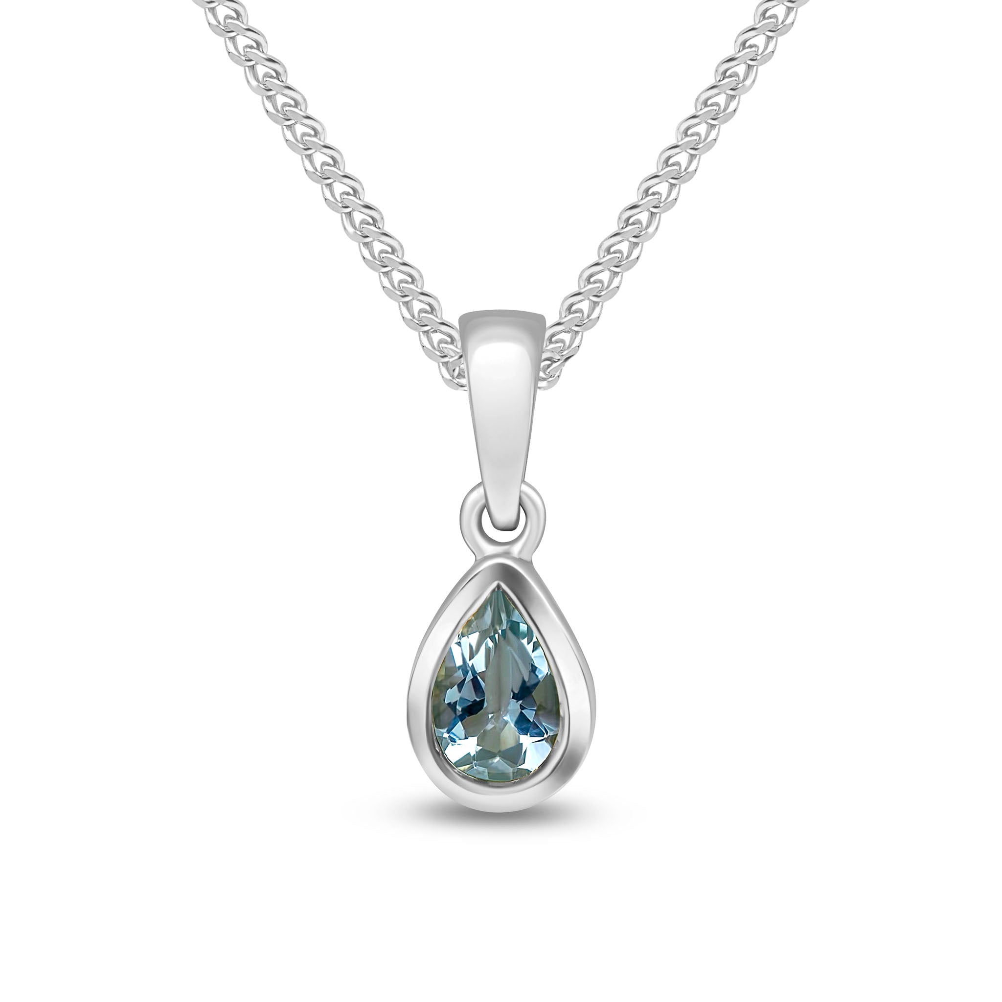 9ct White Gold 6x4 Pear Shape Aquamarine Rubover Single Stone Pendant