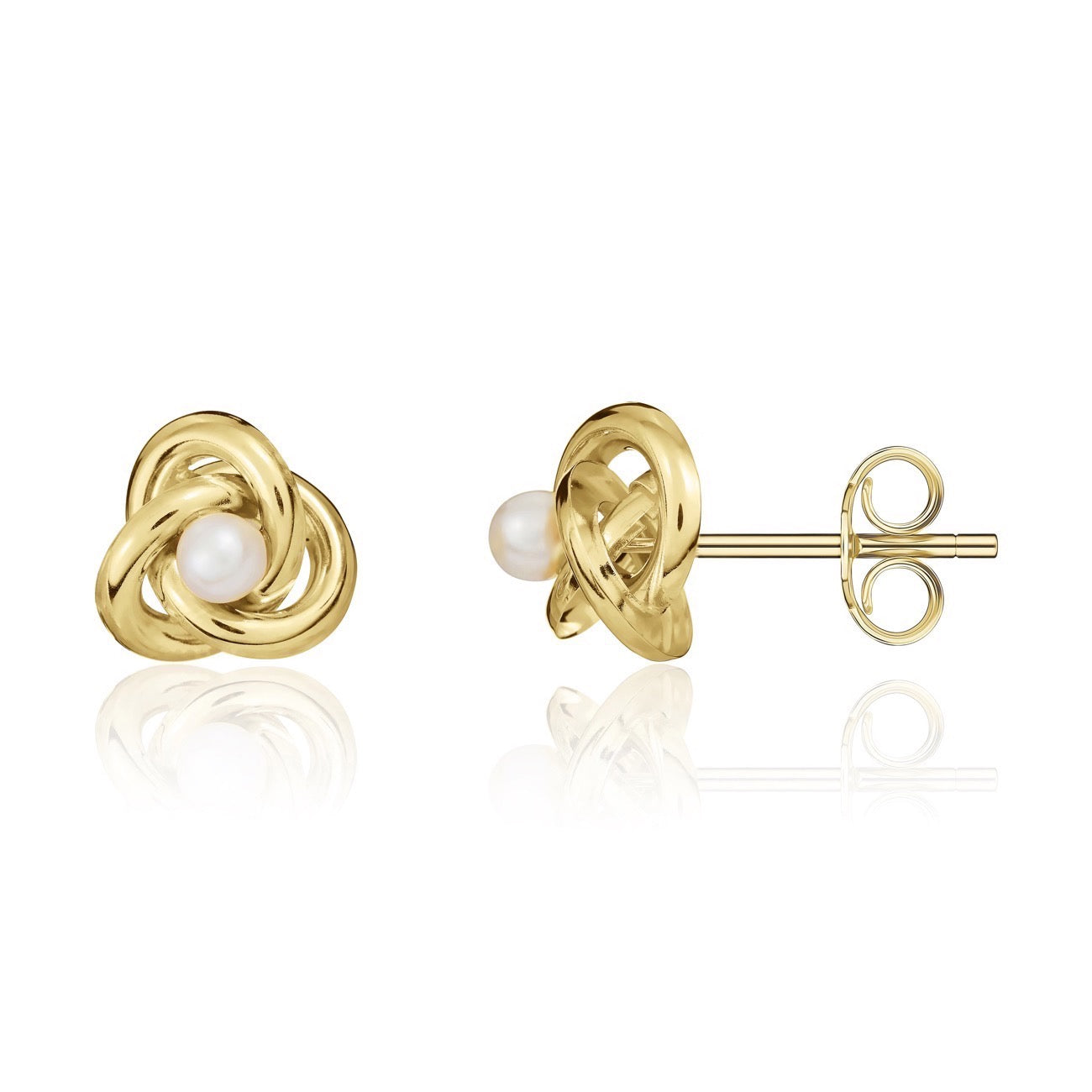 9ct Yellow Gold Knot Stud Earrings With 4.5mm Freshwater cultured