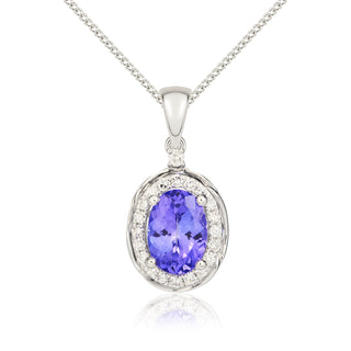 9ct white gold 7 x 5mm oval Tanzanite & diamond cluster pendant With Rope Edge