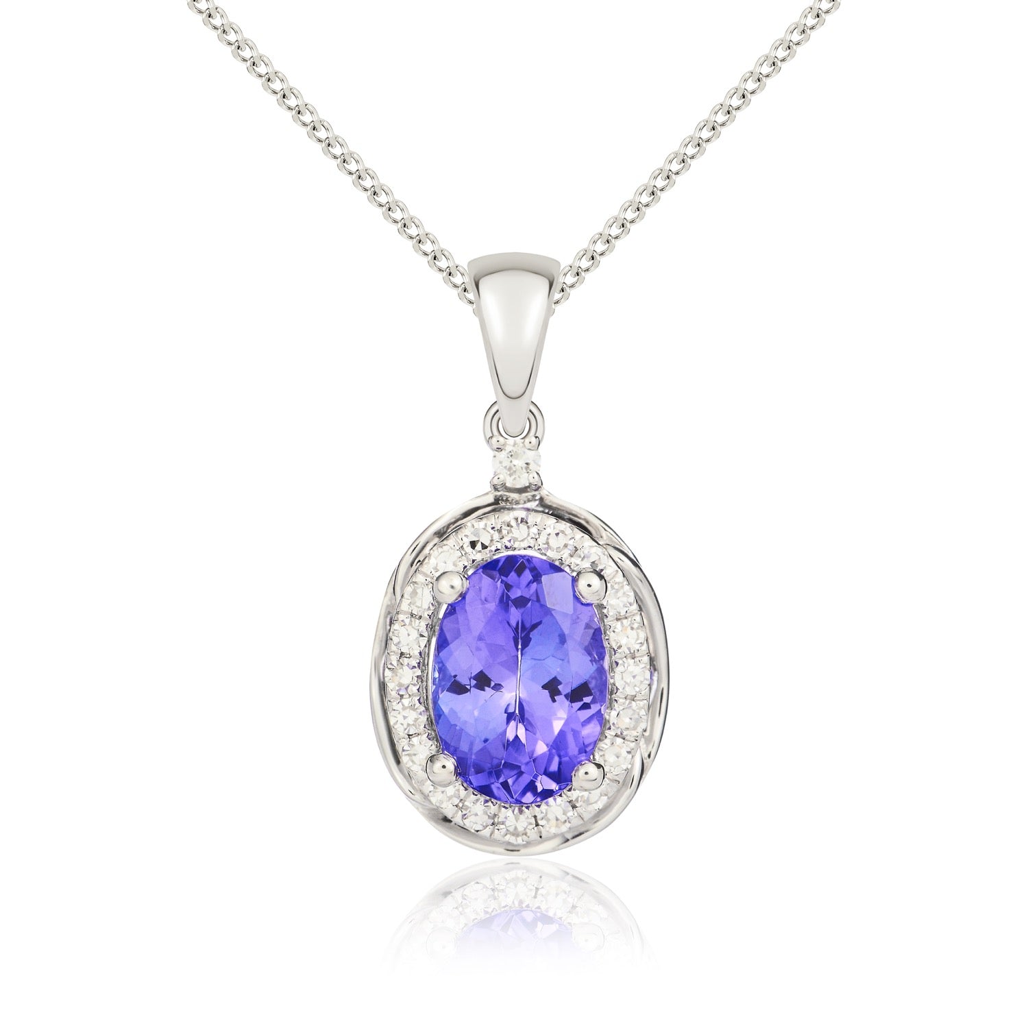 9ct white gold 7 x 5mm oval Tanzanite & diamond cluster pendant With Rope Edge