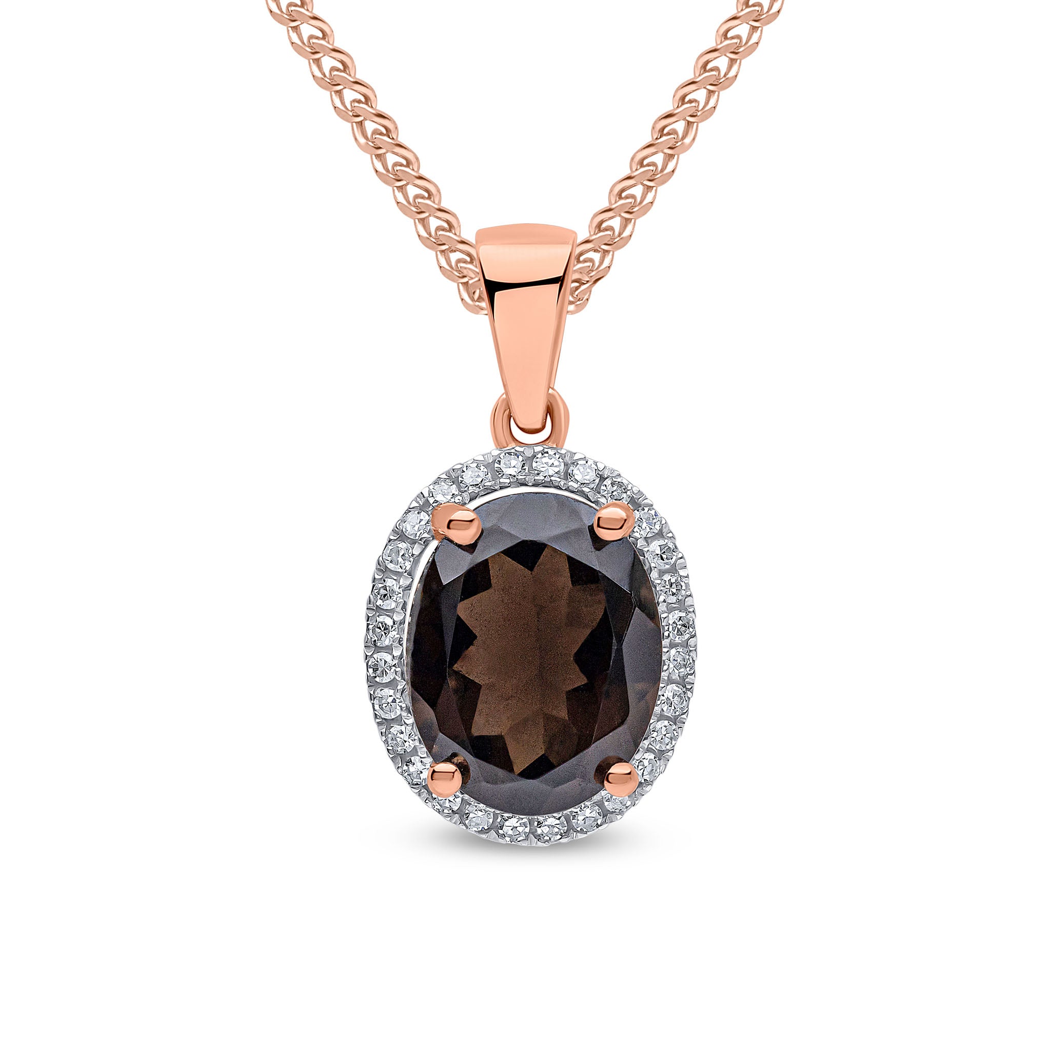 9ct Rose Gold 10x8 Oval Smoky Quartz & Diamond Claw Set Cluster Pendant Rhodium to Diamonds