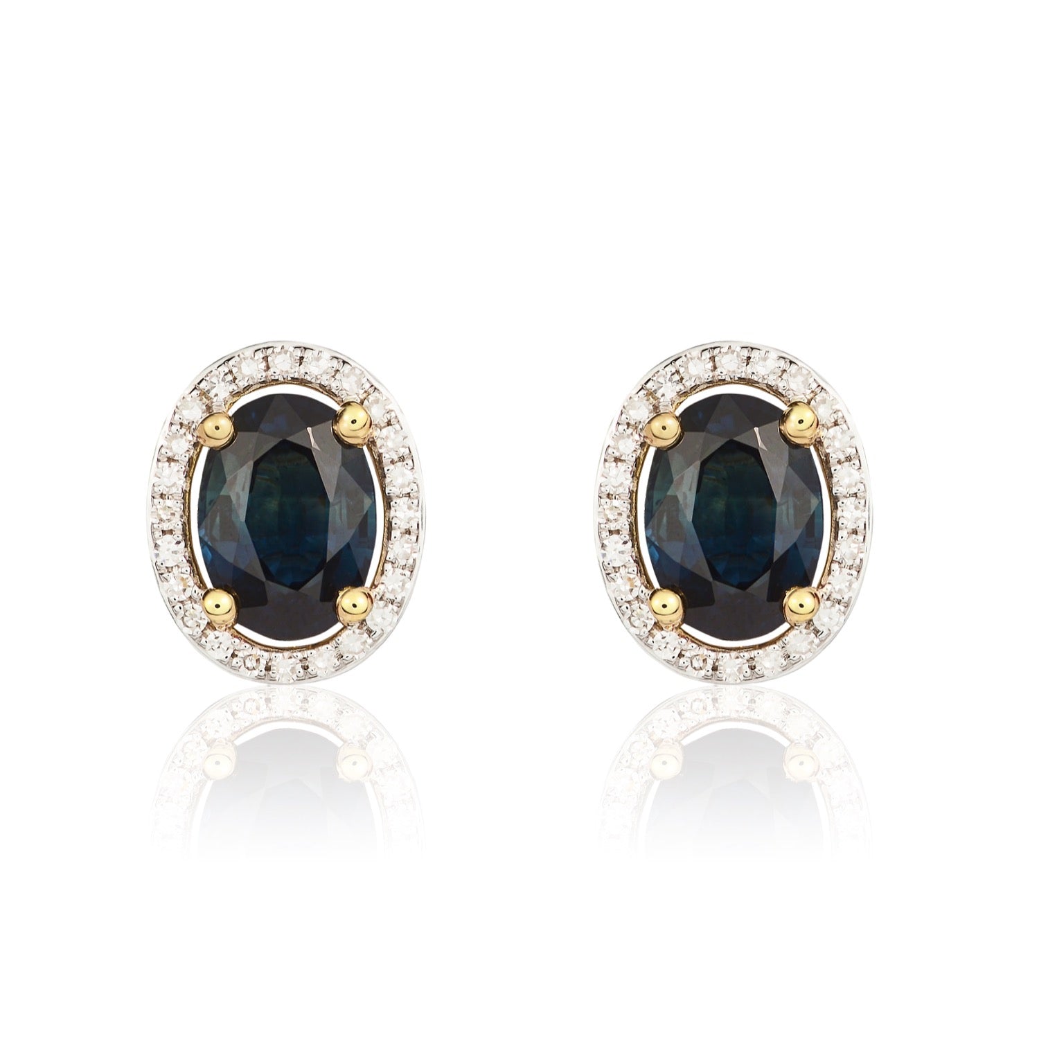 9ct Yellow Gold 7x5 Oval Sapphire and Round Diamond Claw Set Halo Cluster Earrings Rhodium to Diamonds