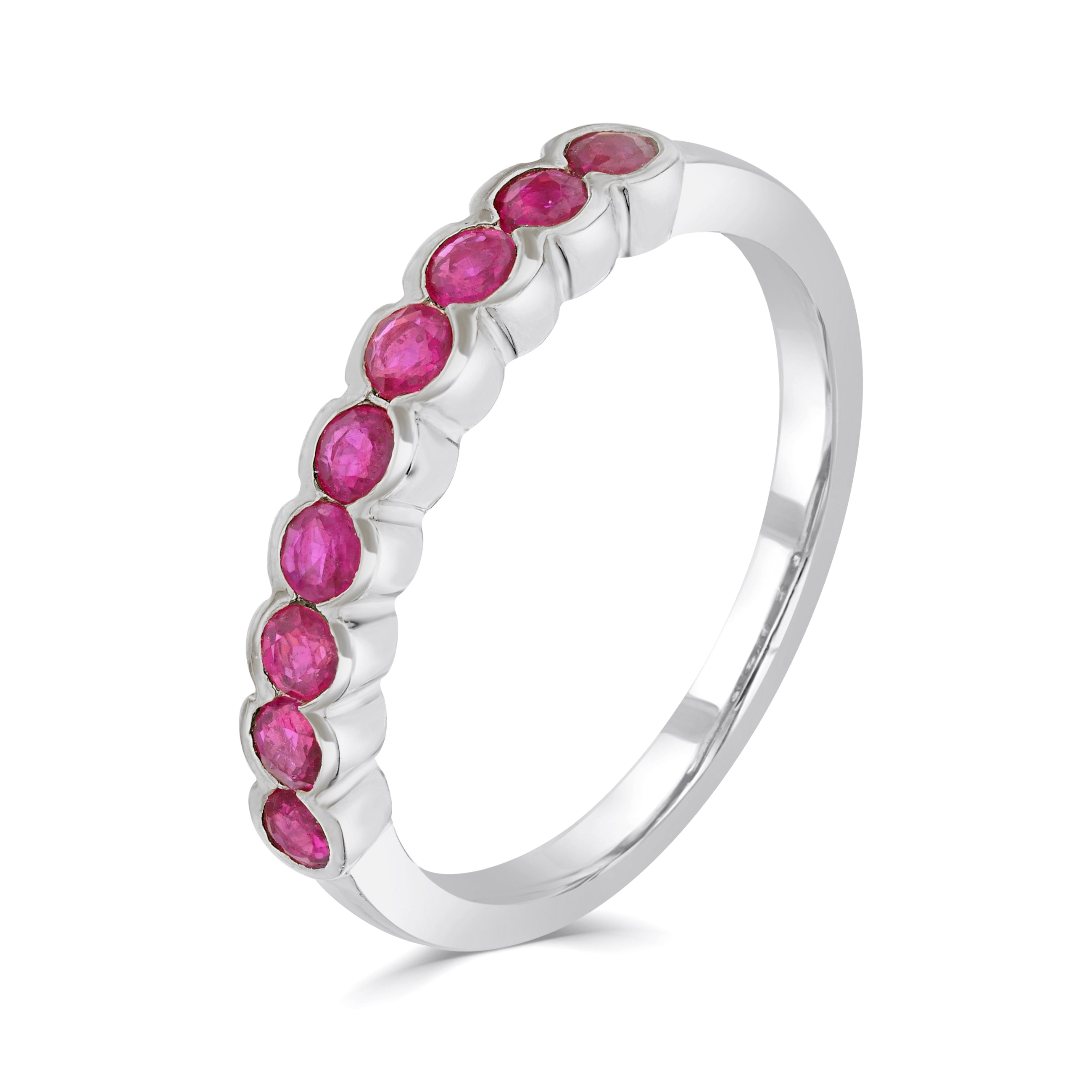 9ct White Gold Round Ruby 9 Stone Scalloped 1 2 Eternity Ring
