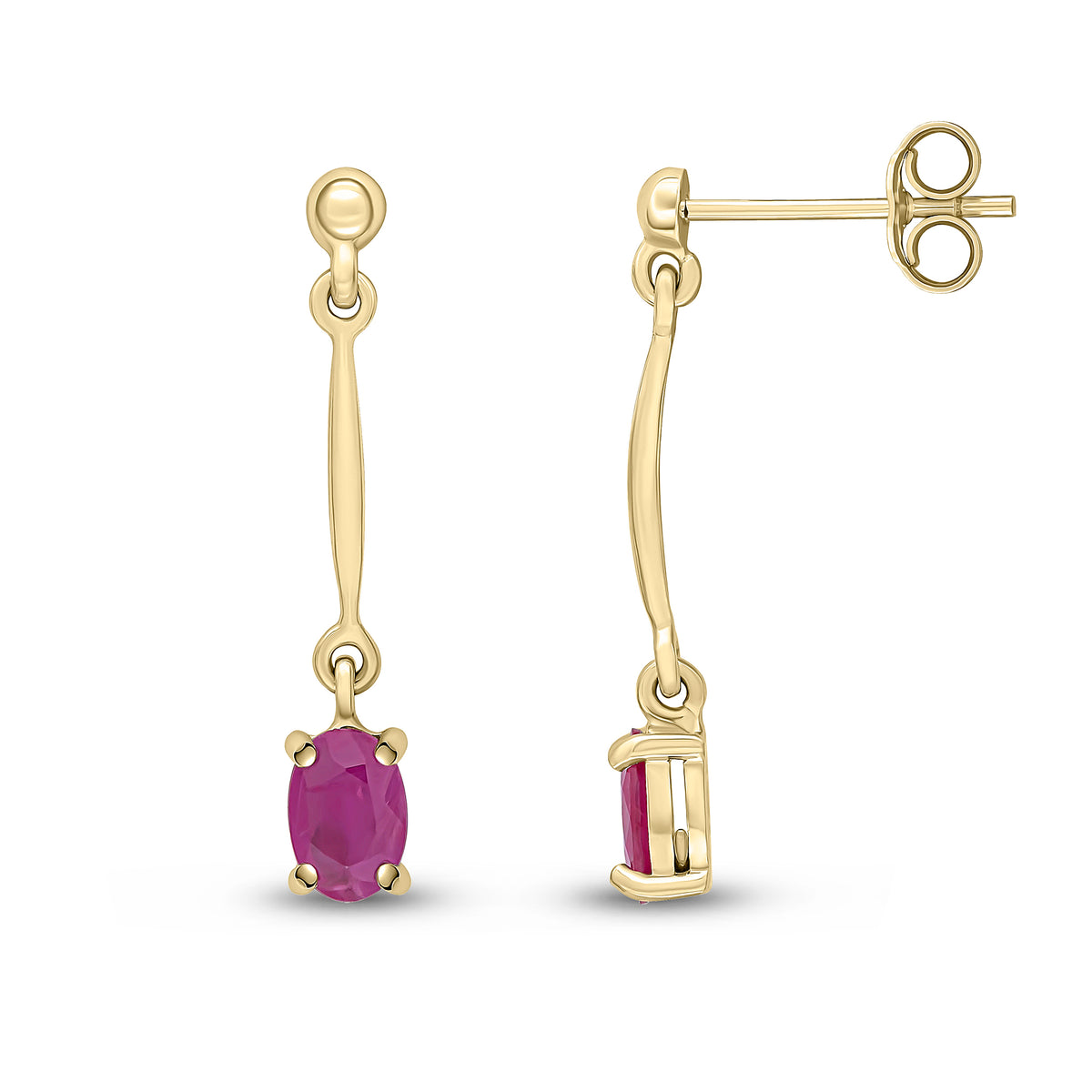 9ct Yellow Gold Claw Set 6x4mm Oval Ruby and Bar Drop Earrings