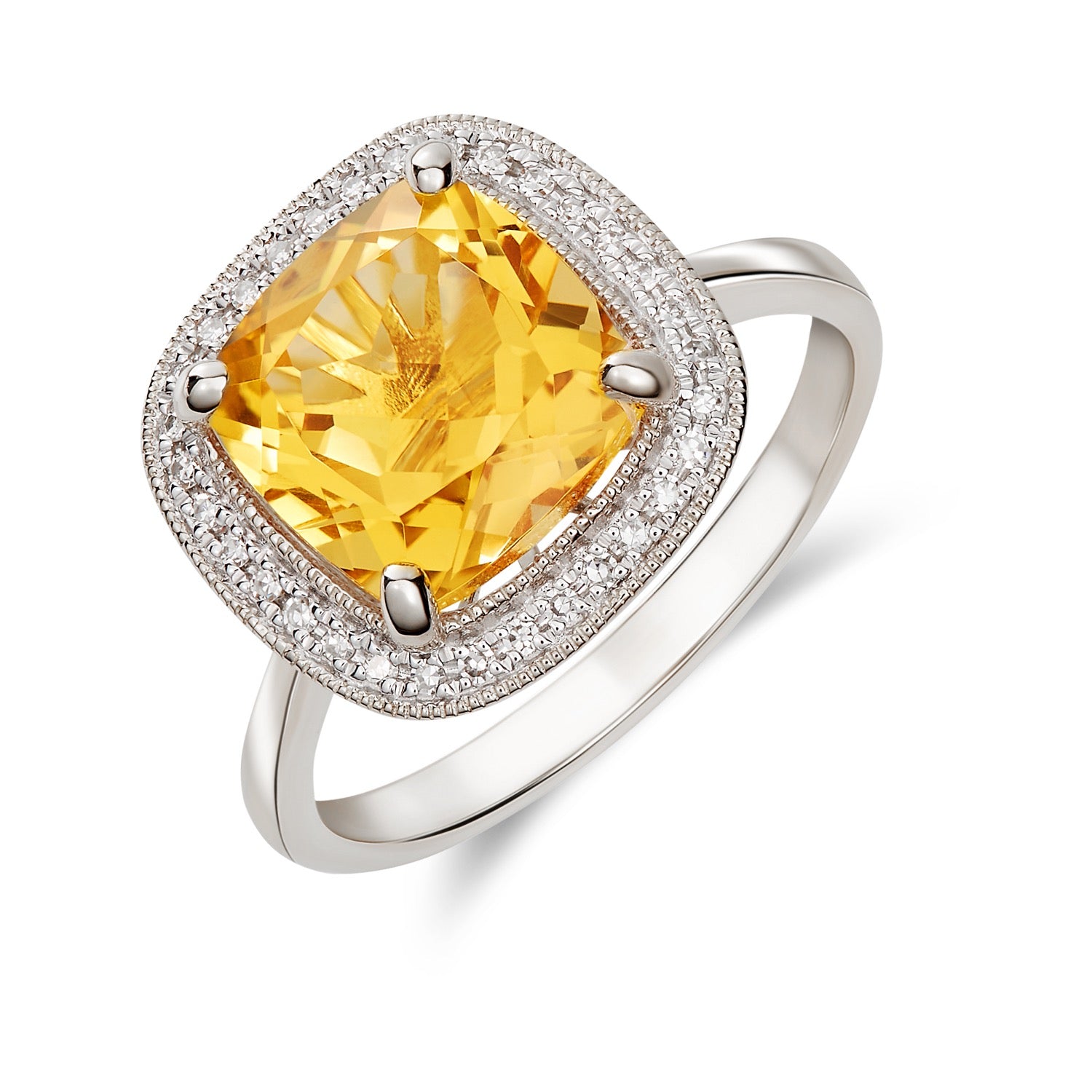 9CT WG 9MM CUSHION CITRINE AND DIAMOND CLUSTER RING WITH MILLEGRAIN EDGE. 1