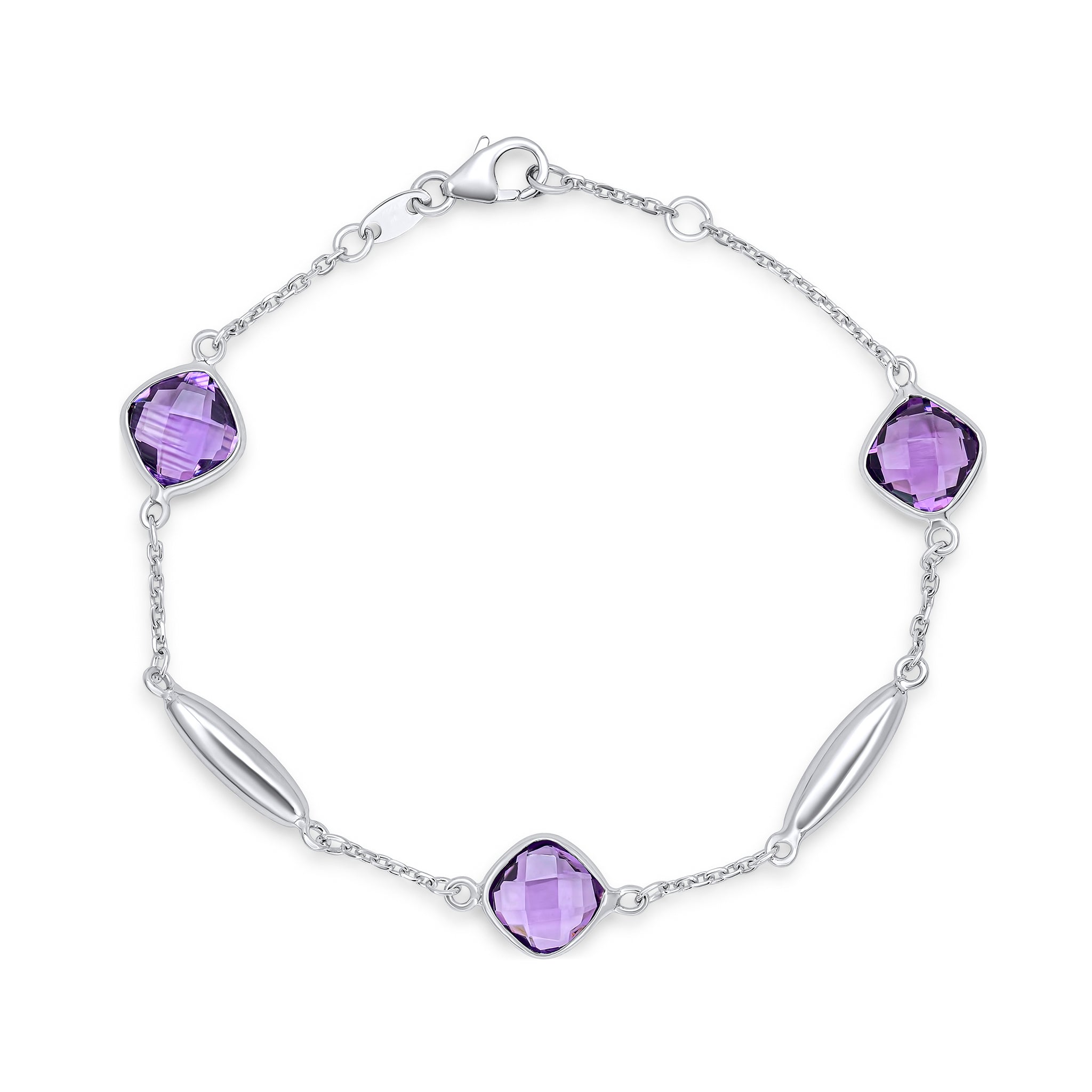 9ct White Gold Checkerboard Cushion Amethyst Polished Torpedo Motif and Chain Bracelet