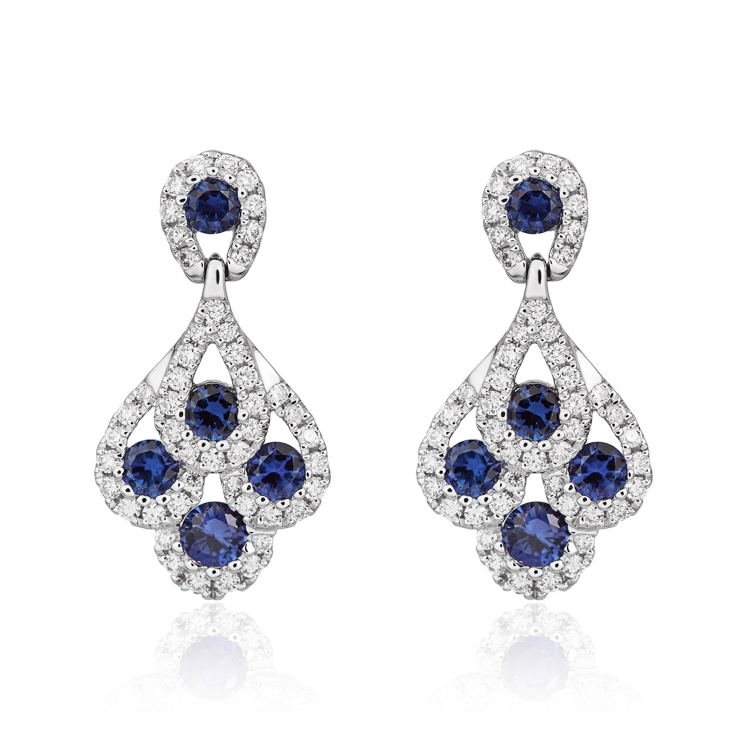 18ct White Gold Round Sapphire & Diamond 'peacock' Drop Earrings