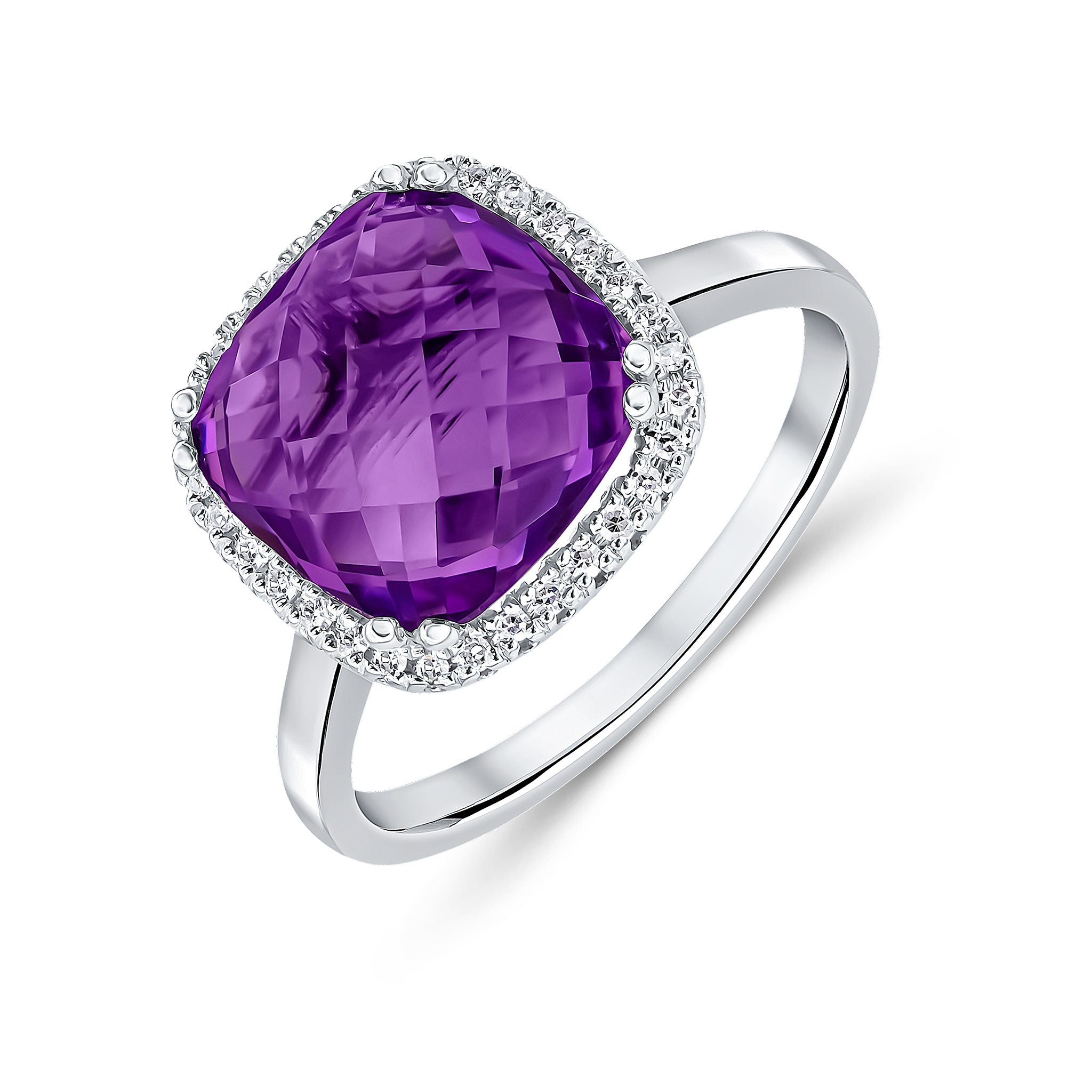 9ct White Gold 10mm Checkerboard Cut Cushion Amethyst & Diamond Claw Set Cluster Ring