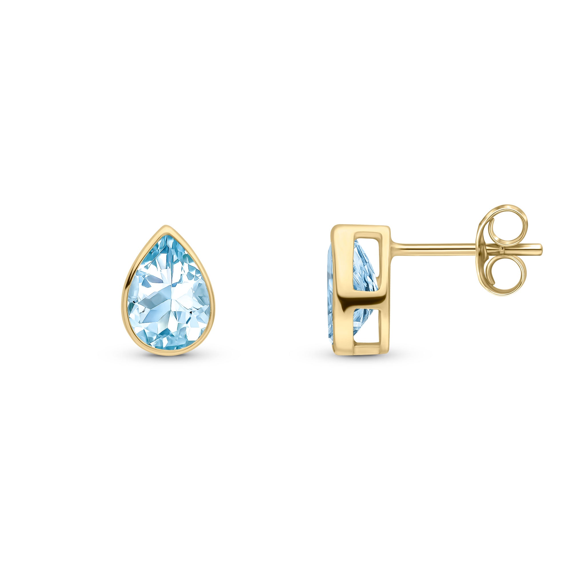 9ct Yellow Gold 7x5 Pear Shape Aquamarine Rubover Set Earrings