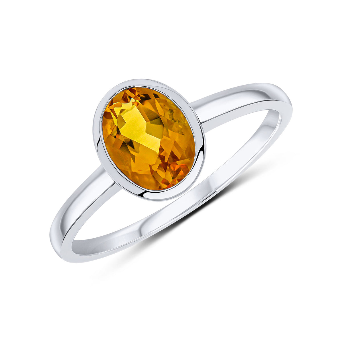 9ct White Gold 8x6 Oval Citrine Singles Stone Rubover Ring