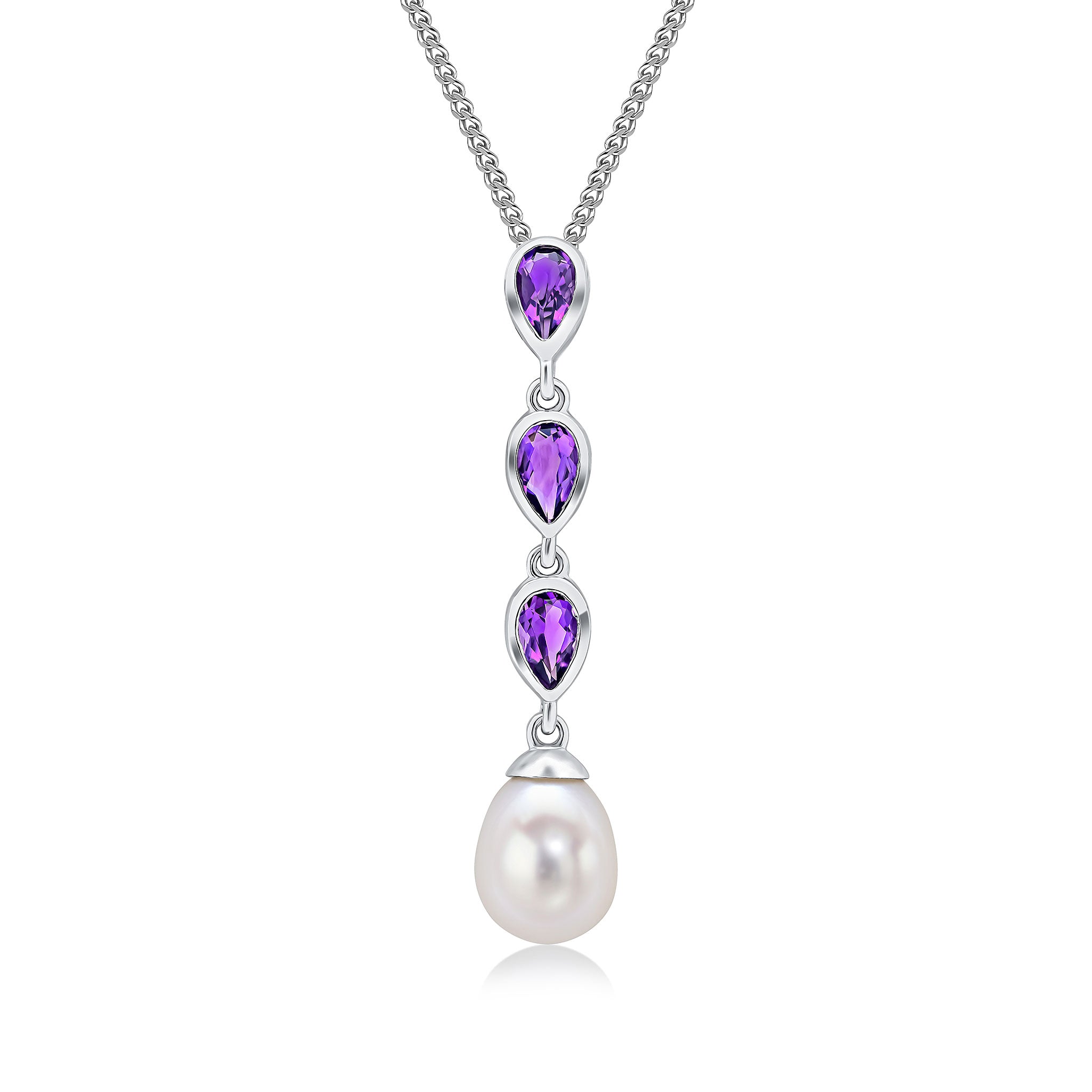 9ct White Gold Pearl & Triple Pear Shape Amethyst Drop Pendant