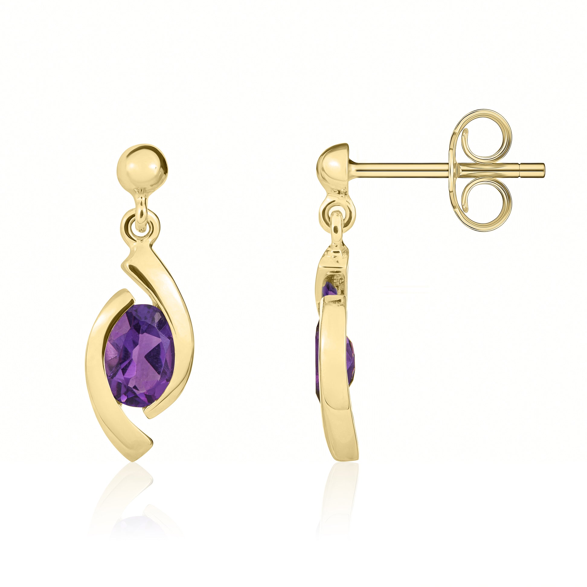 9ct Yellow Gold Oval Amethyst 'eye' Design Drop Earrings