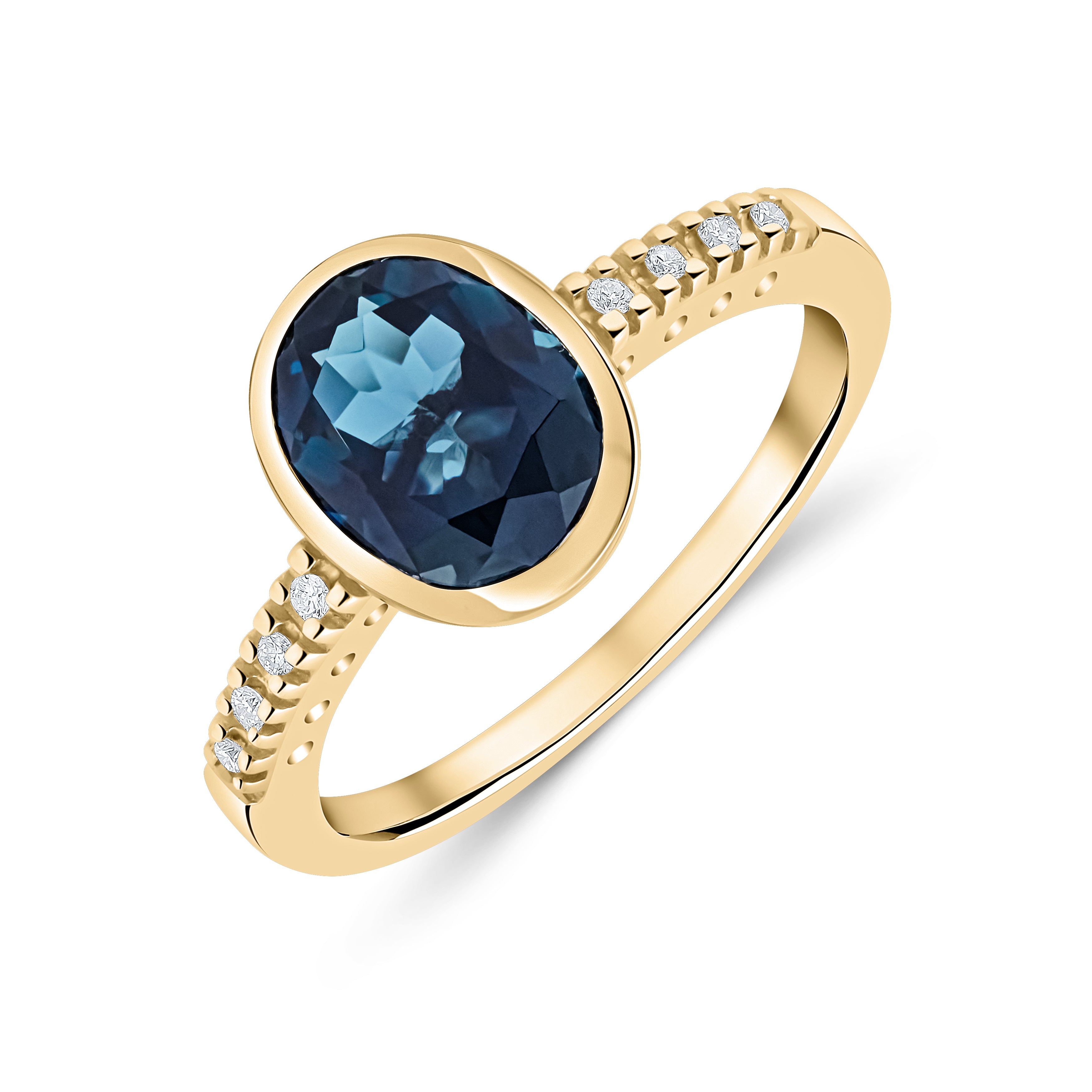 9CT YG RUBOVER 9X7 OVAL LONDON BLUE TOPAZ SINGLE STONE RING WITH CLAW SET DIAMOND SHOULDERS 1