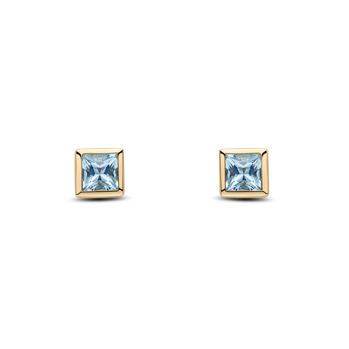 9ct Yellow Gold 4mm Square Aquamarine Rubover Set Earrings