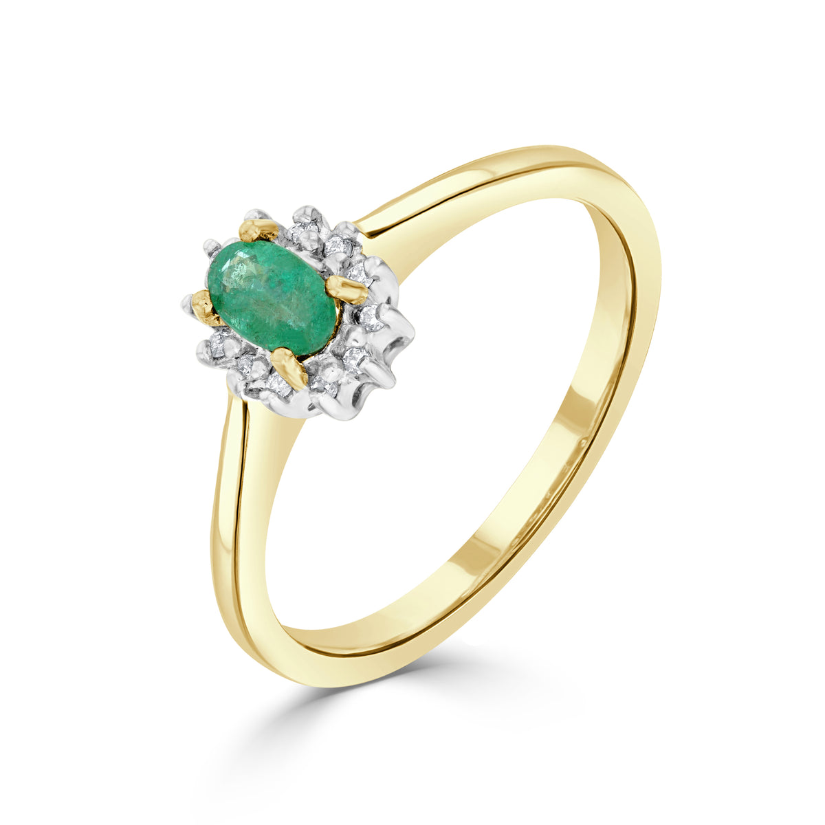 9ct Yellow Gold 5x3 Oval Emerald & Diamond Claw Set Cluster Ring Rhodium to Diamonds
