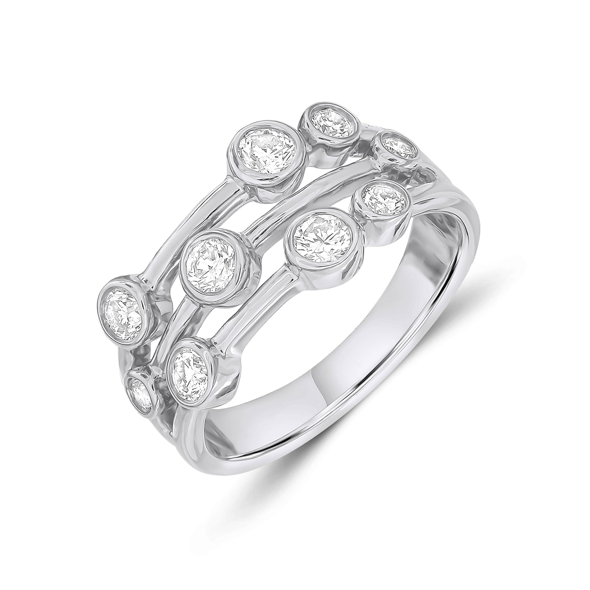 18ct White Gold Diamond 3 Row Bubble Ring 0.75ct Total