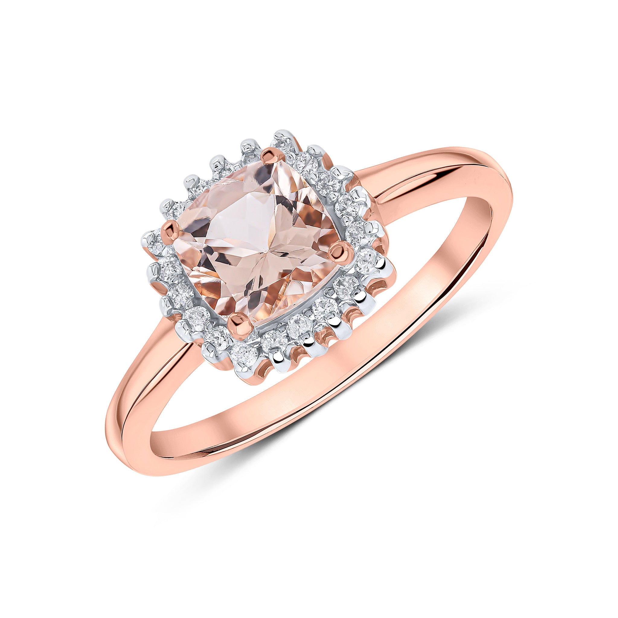 9ct Rose Gold 6mm Cushion Morgainte & Diamond Claw Set Cluster Ring Rhodium to Diamonds