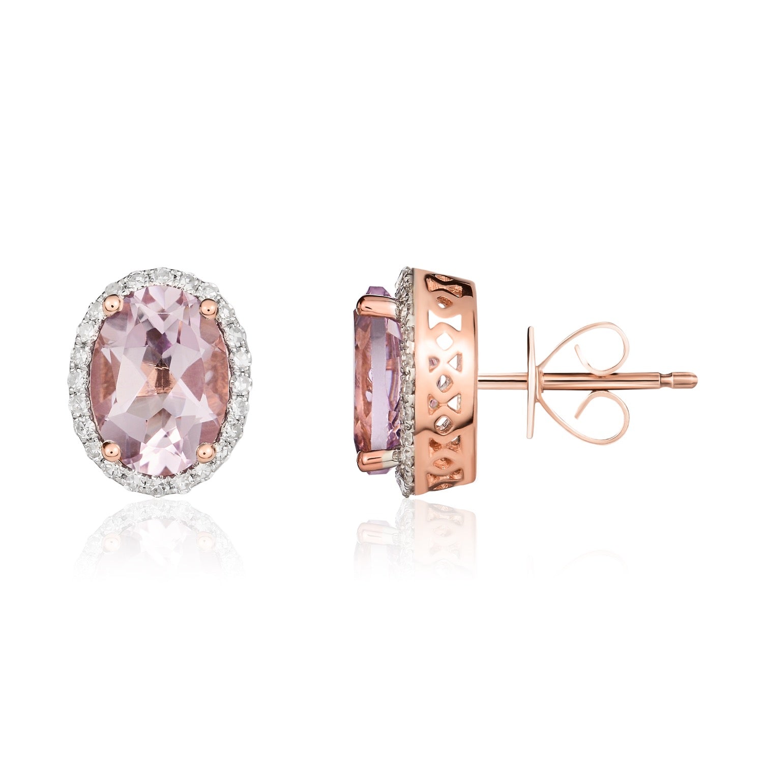 9ct rose gold 8 x 6mm Oval Pink Amethyst & Diamond Claw Set Cluster Earrings.