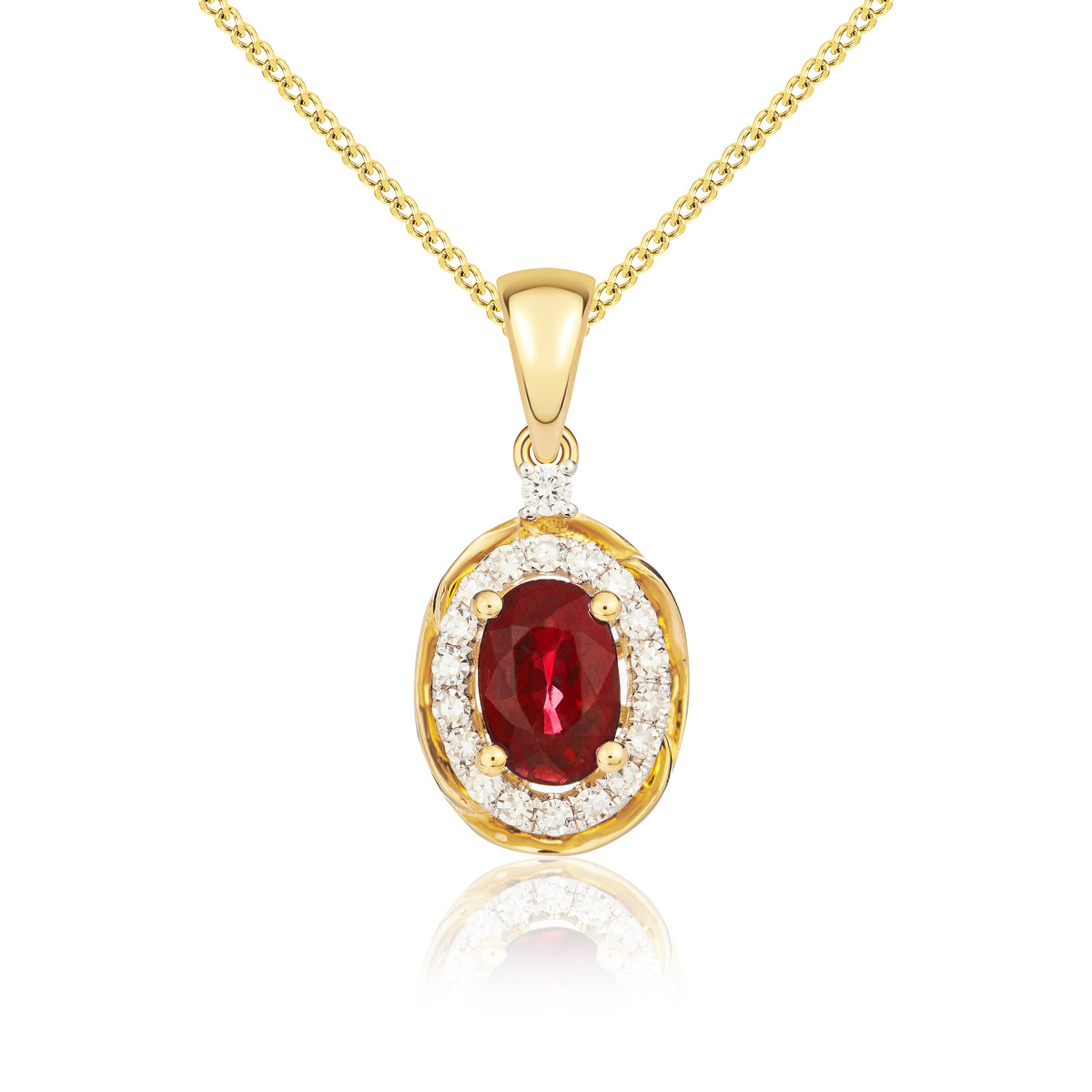 9ct Yellow Gold 6x4 Oval Ruby & Diamond Cluster Pendant with Rope Edge Rhodium to Diamonds