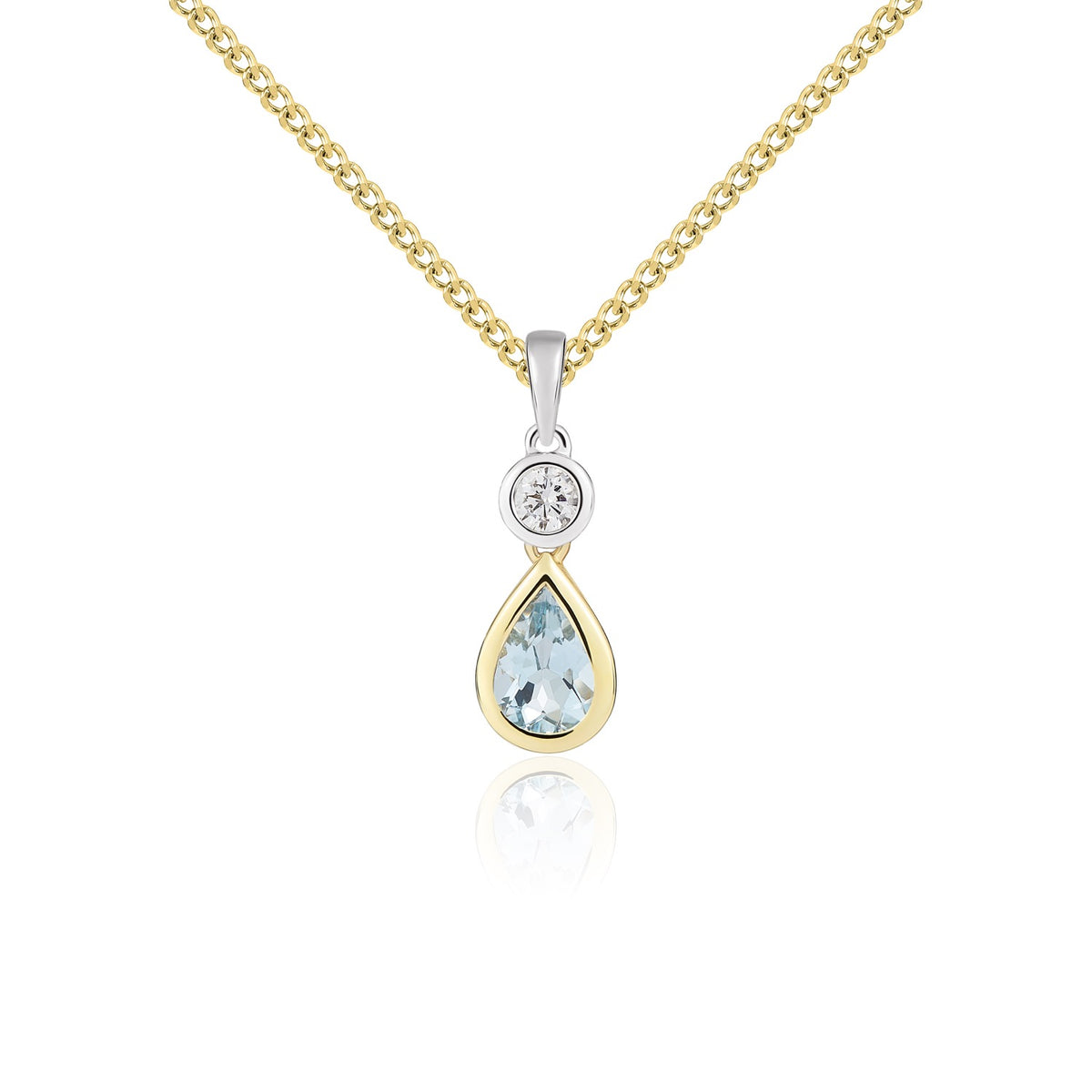 18ct Ywg Pear Shape Aquamarine and Round Diamond 2 Stone Rubover Pendant