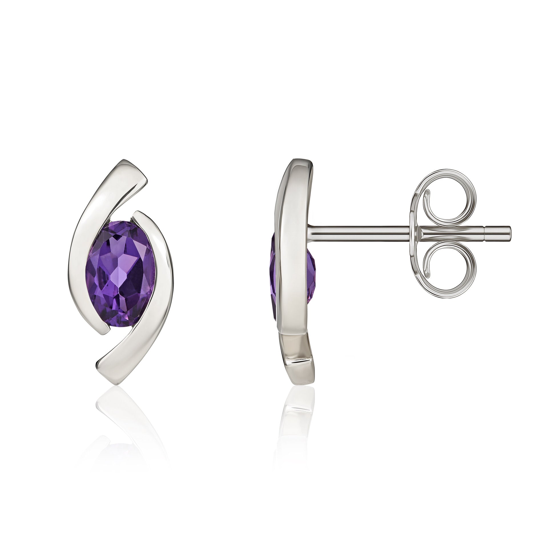 9ct White Gold 6x4 Oval Amethyst 'eye' Stud Earrings