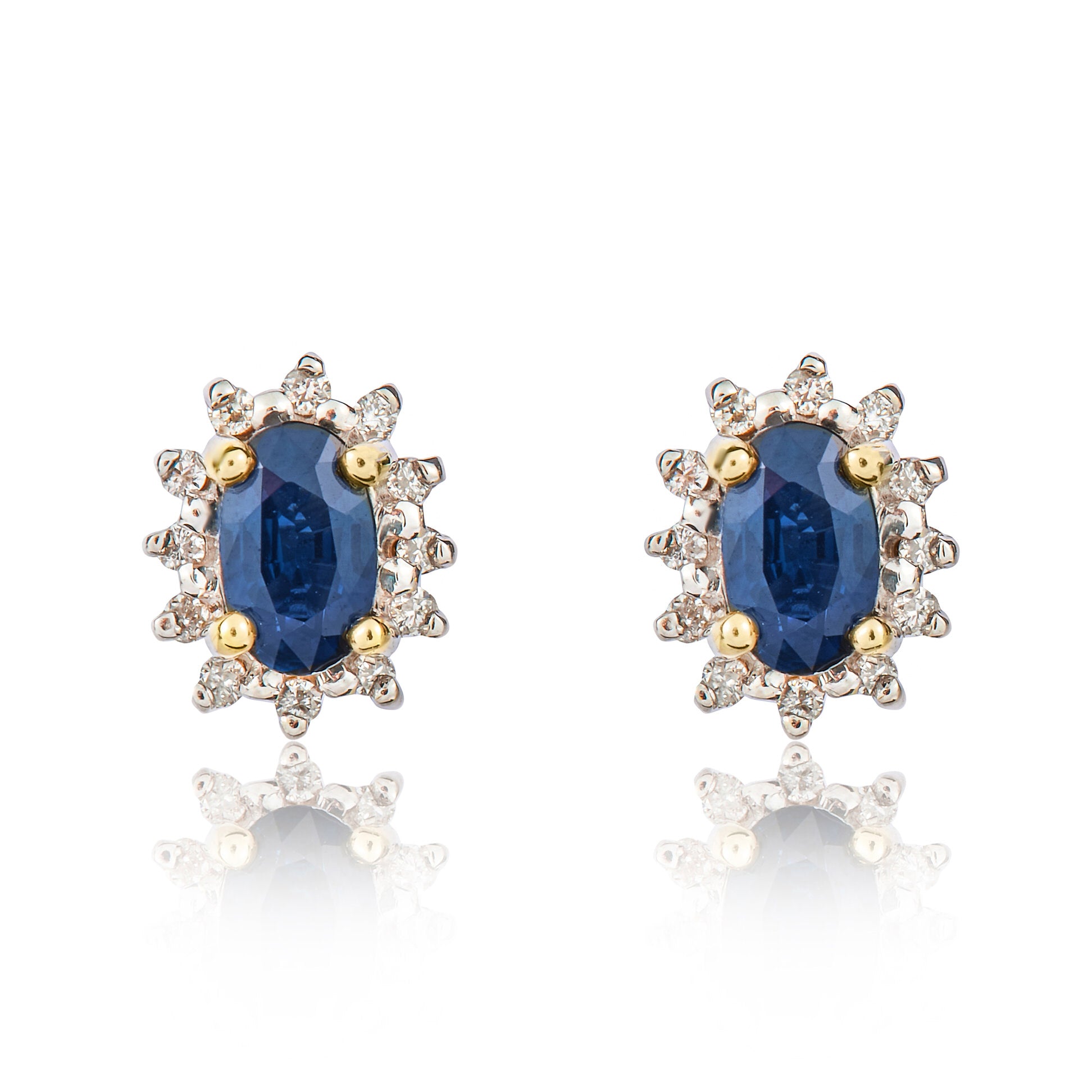 9ct Yellow Gold 5x3 Oval Sapphire & Diamond Claw Set Cluster Earrings Rhodium to Diamonds