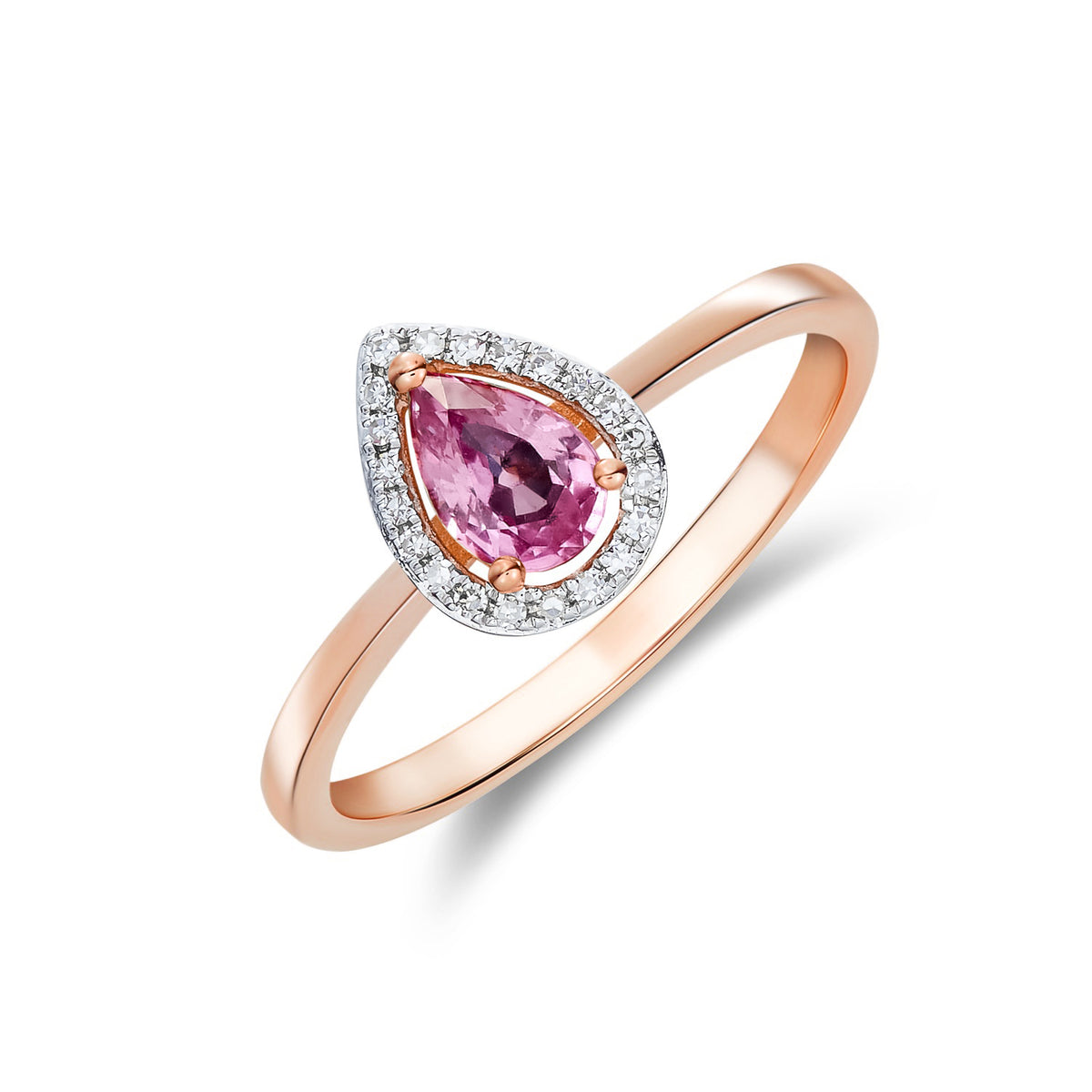 9ct Rose Gold 6x4 Pear Shape Pink Sapphire & Diamond Halo Claw Cluster Ring