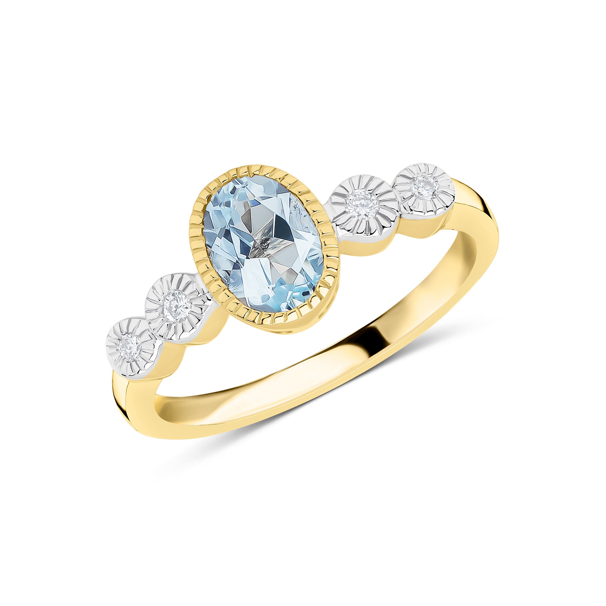 9ct Yellow Gold 7x5 Oval Aquamarine & Diamond 2 Stone Shoulders Milgrain Set Ring Rhodium to Diamonds