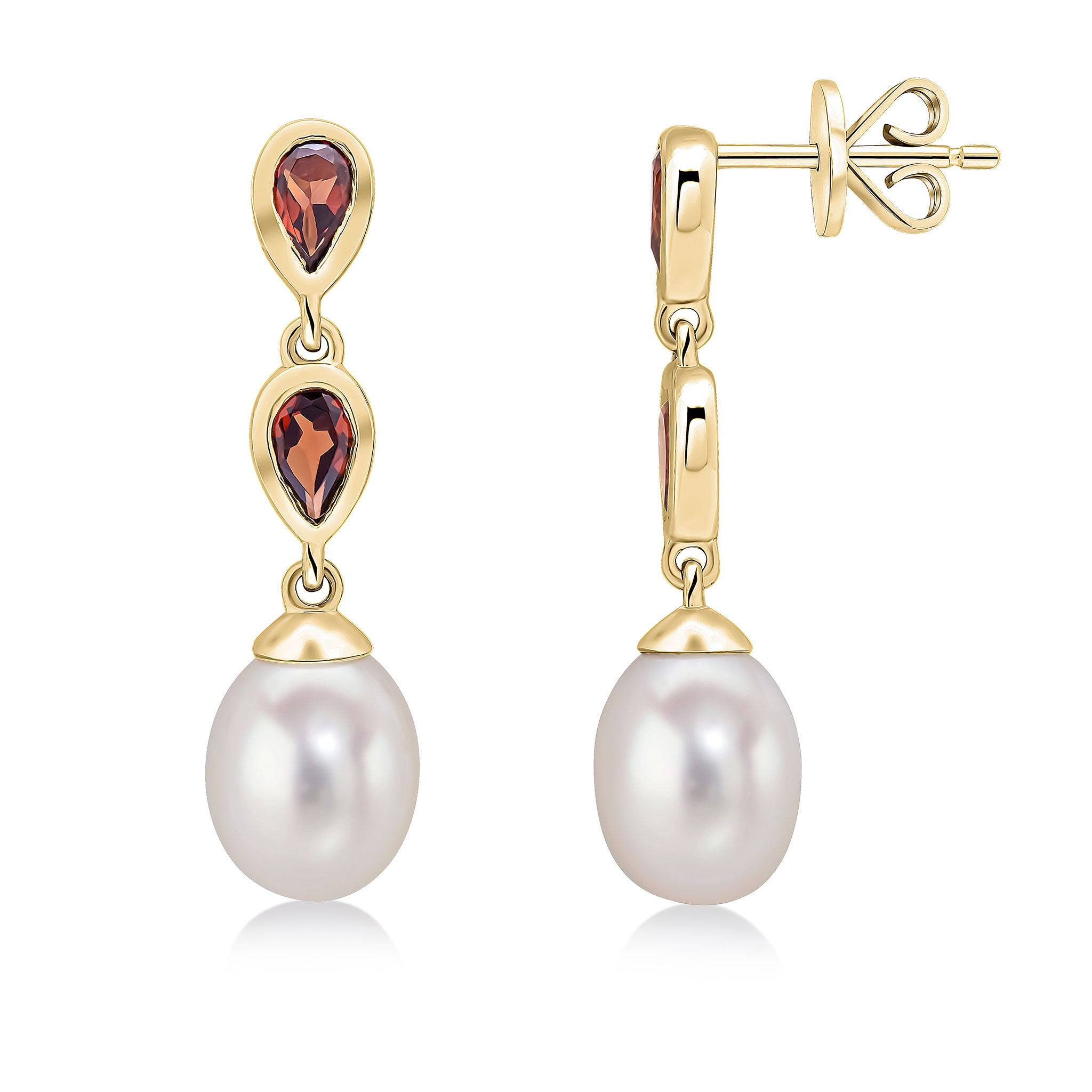 9ct Yellow Gold Pearl & Double Pear Shape Garnet Drop Earrings