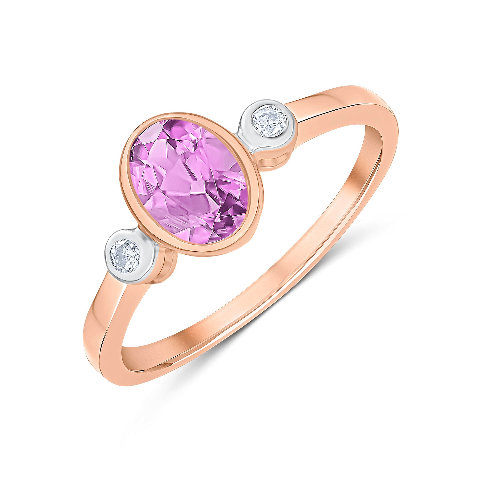 9ct Rose Gold 7x5 Oval Pink Sapphire and Round Diamond 3 Stone Rubover Ring Rhodium to Diamonds Stone Shortage So Can't Order