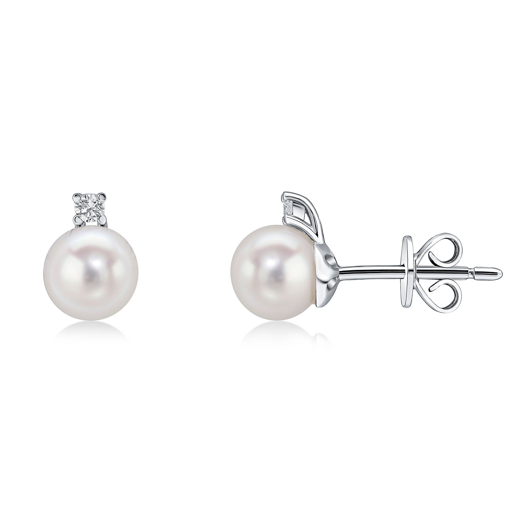 18ct White Gold 6mm Round Cultured Freshwater Pearl and Claw Set Round Diamond 2 Stone Stud Earrings