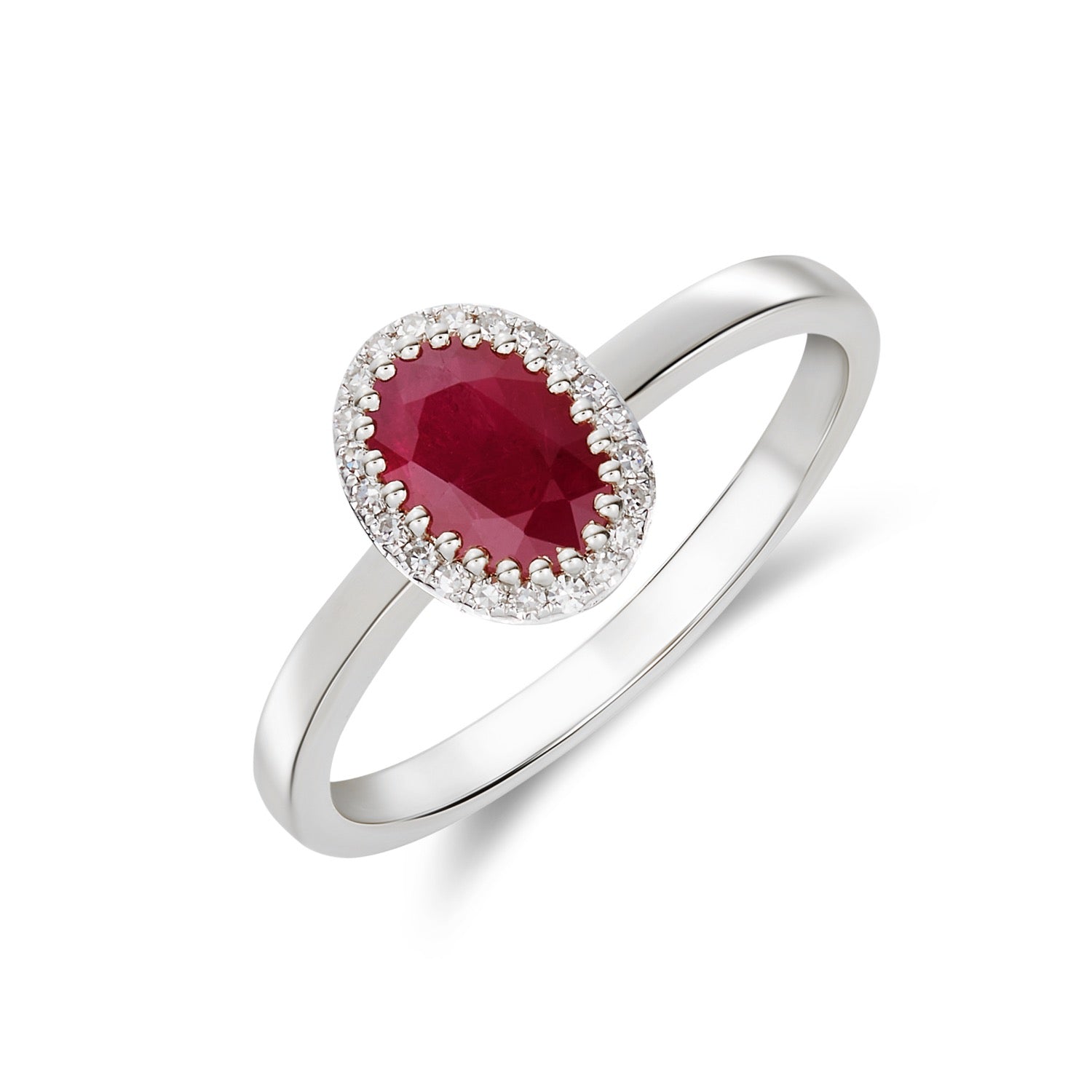 9CT WHITE GOLD OVAL RUBY AND ROUND DIAMOND CLAW SET CLUSTER RING 1
