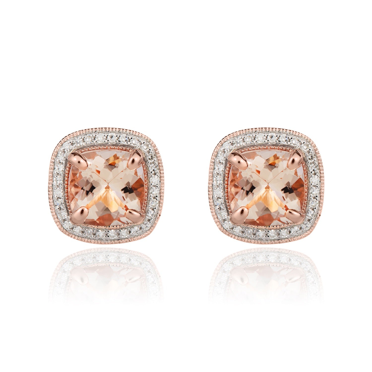 9ct Rose Gold 7mm Cushion Morganite and Diamond Cluster Earrings with Milgrain Edge Rhodium to Diamonds