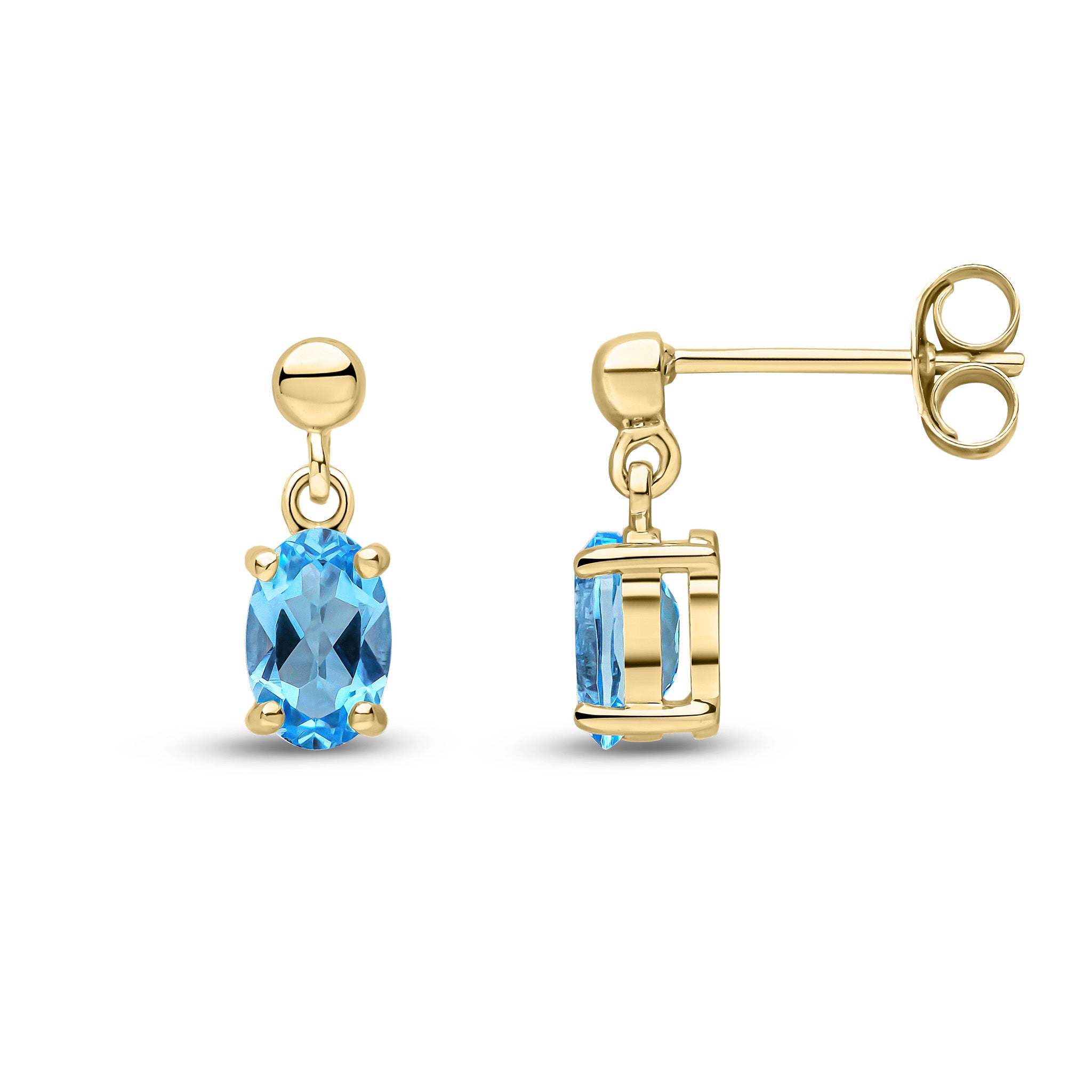 9ct Yellow Gold 6x4 Oval Swiss Blue Topaz Claw Set Drop Earrings with Bead Top