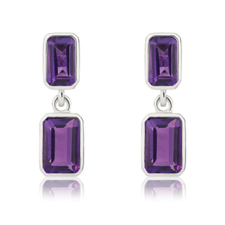 9ct white gold Octagon Amethyst 2 stone rubover Drop Earrings
