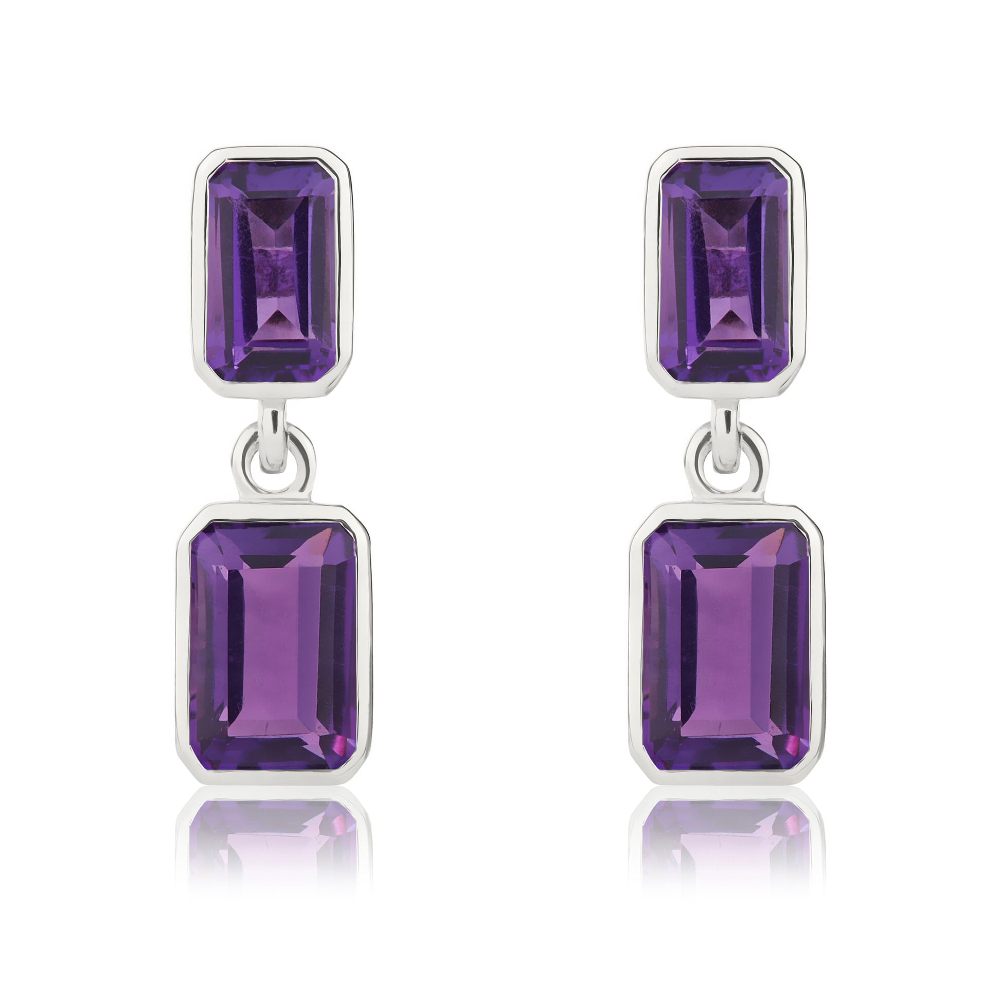 9ct white gold Octagon Amethyst 2 stone rubover Drop Earrings