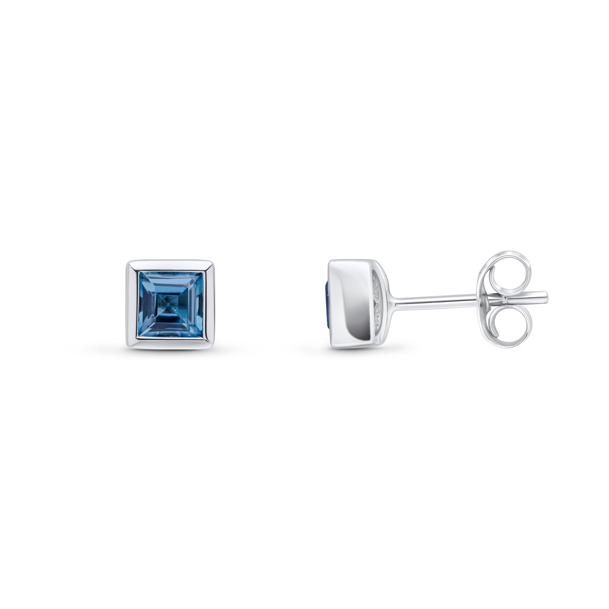 9ct White Gold 4mm Square London Blue Topaz Rubover Set Earrings