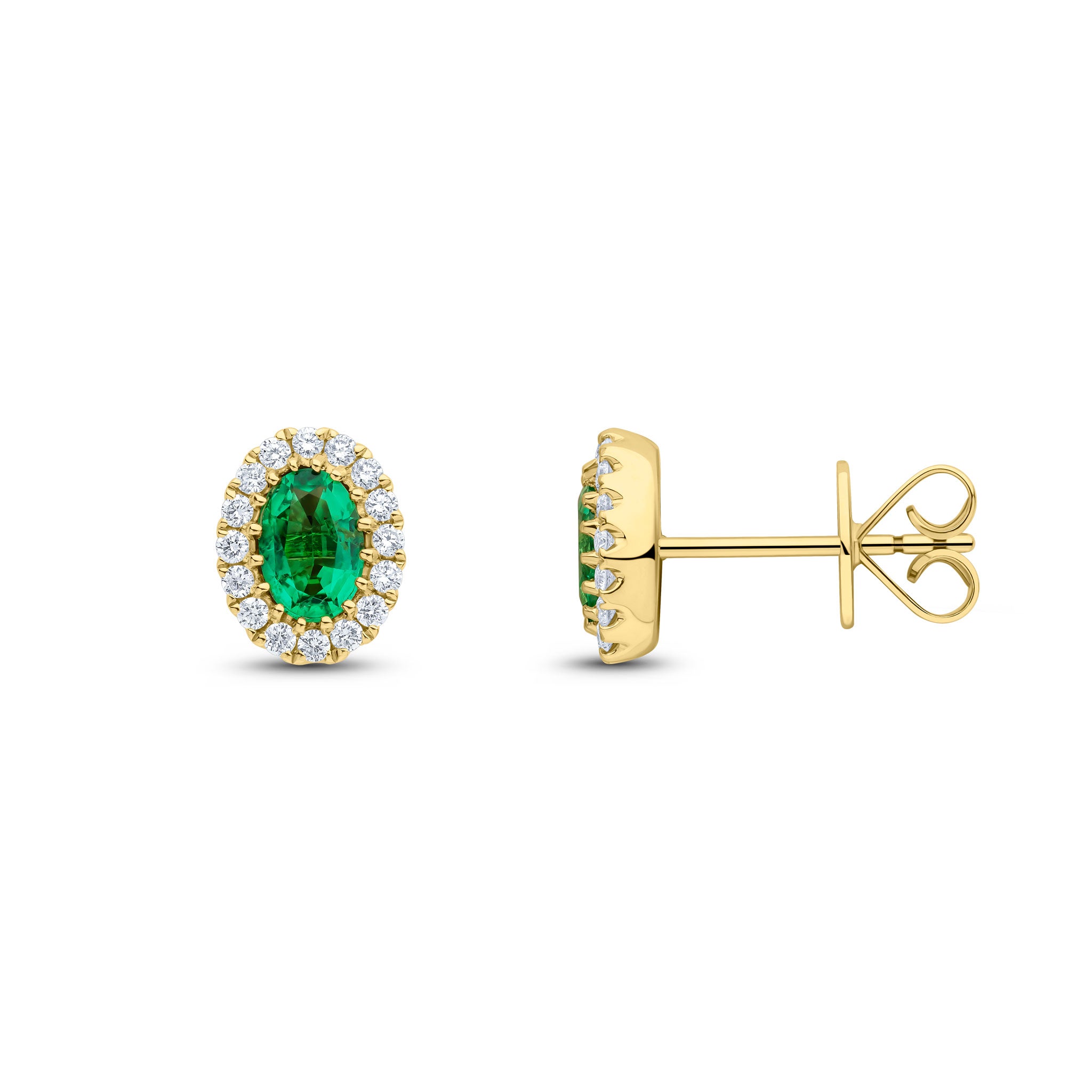 18ct Yellow Gold 6x4 Oval Emerald & Diamond Claw Set Cluster Earrings