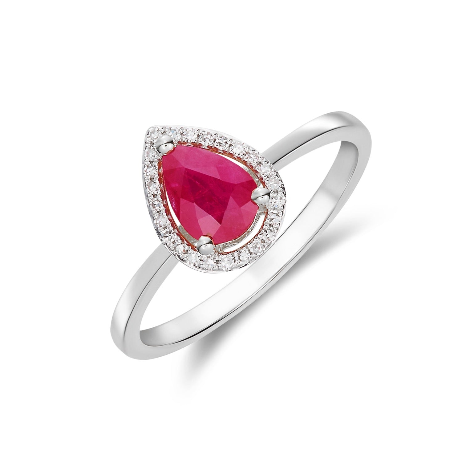 9ct White Gold 7x5 Pear Shape Ruby & Diamond Halo Claw Cluster Ring