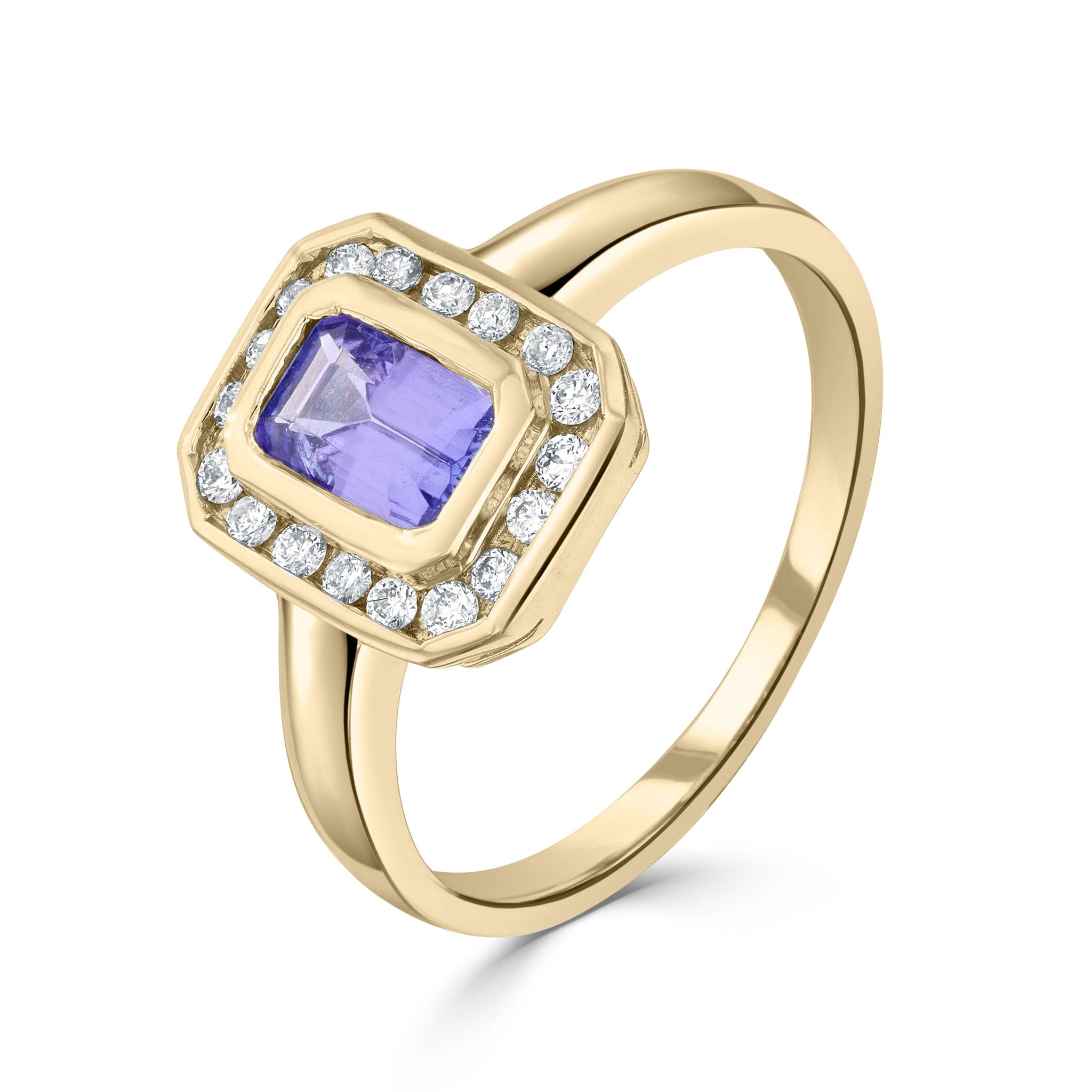 9ct Yellow Gold Rubover 6x4 Octagon Tanzanite & Channel Set Diamond Cluster Ring