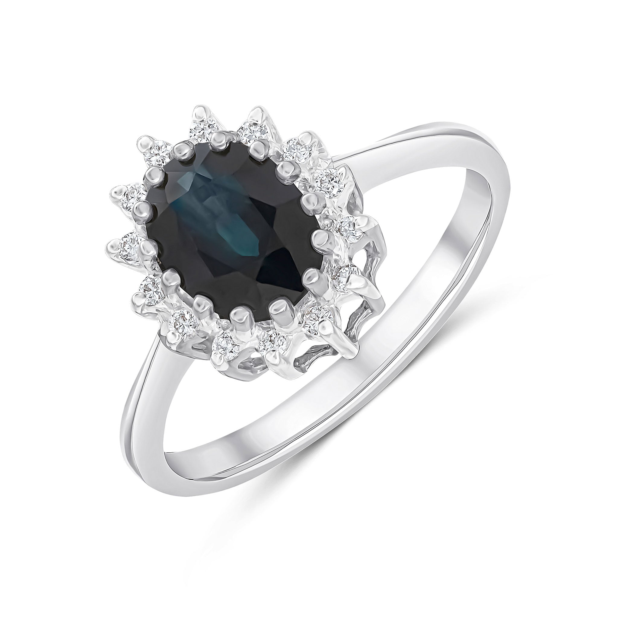 9ct White Gold 8x6 Oval Sapphire & Diamond Claw Set Custer Ring