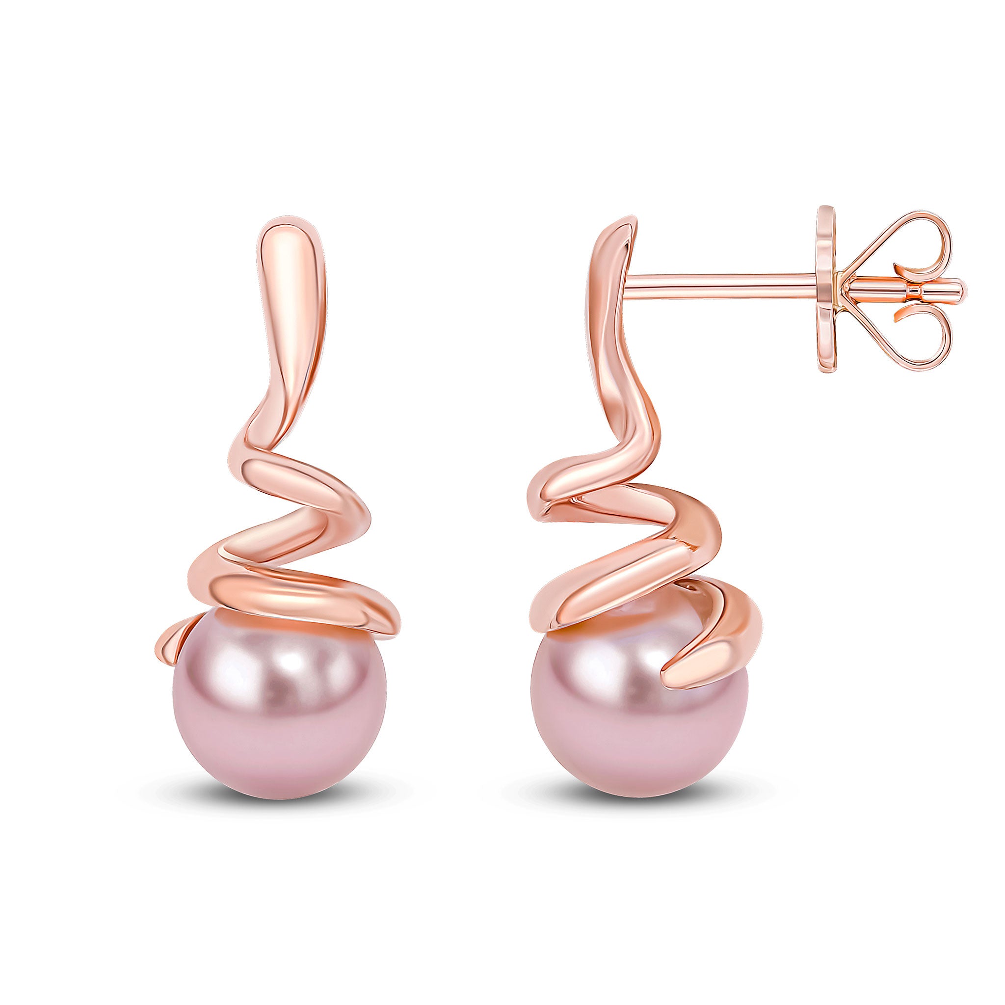 9ct Rose Gold Pink Round Freshwater Cultured Pearl & Spiral Drop Earrrings