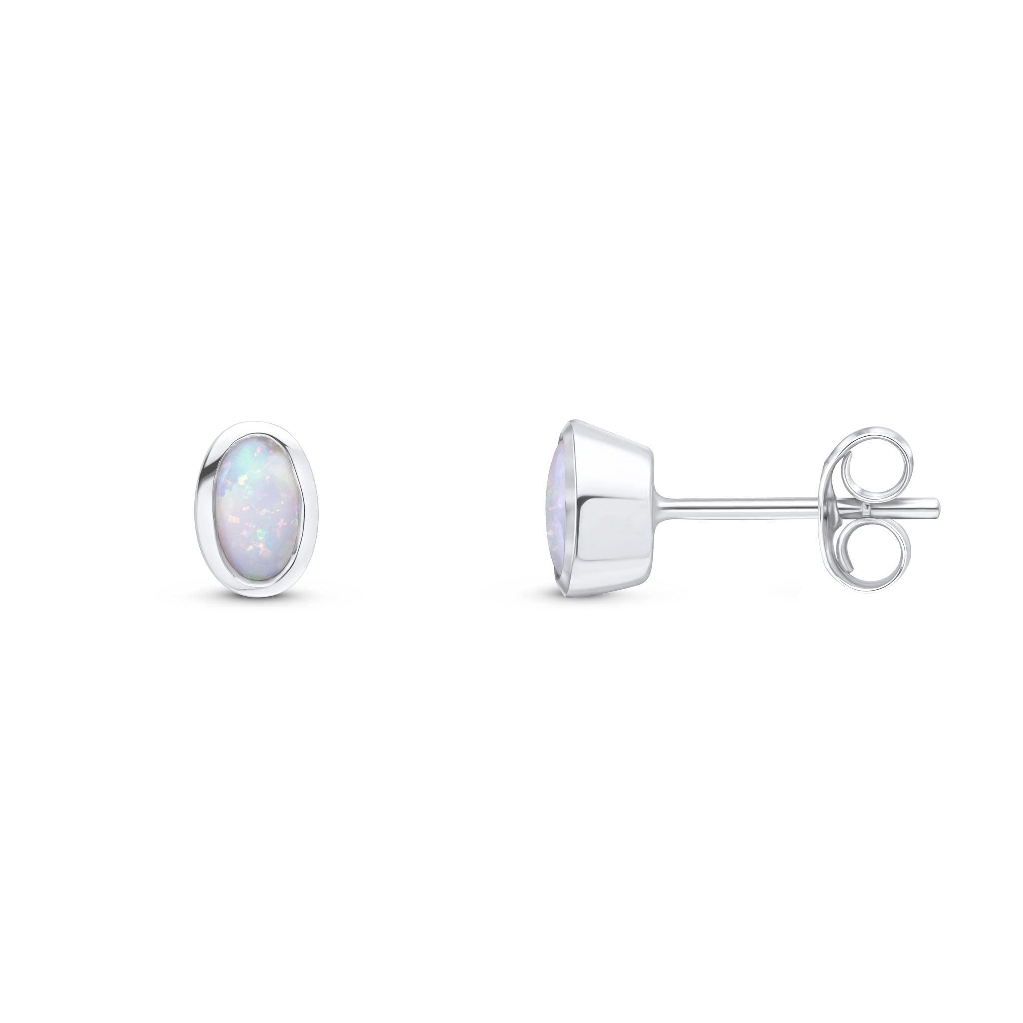 9ct White Gold 5x3mm Oval Opal Rubover Stud Earrings