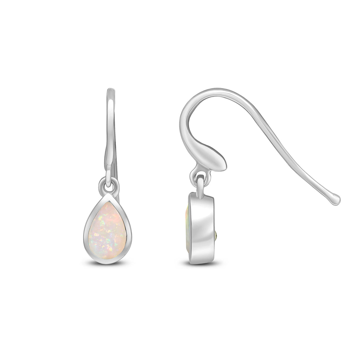 9ct White Gold 6x4mm Pear Shape Opal Rubover Drop Earrings with Hook Wire Fitting